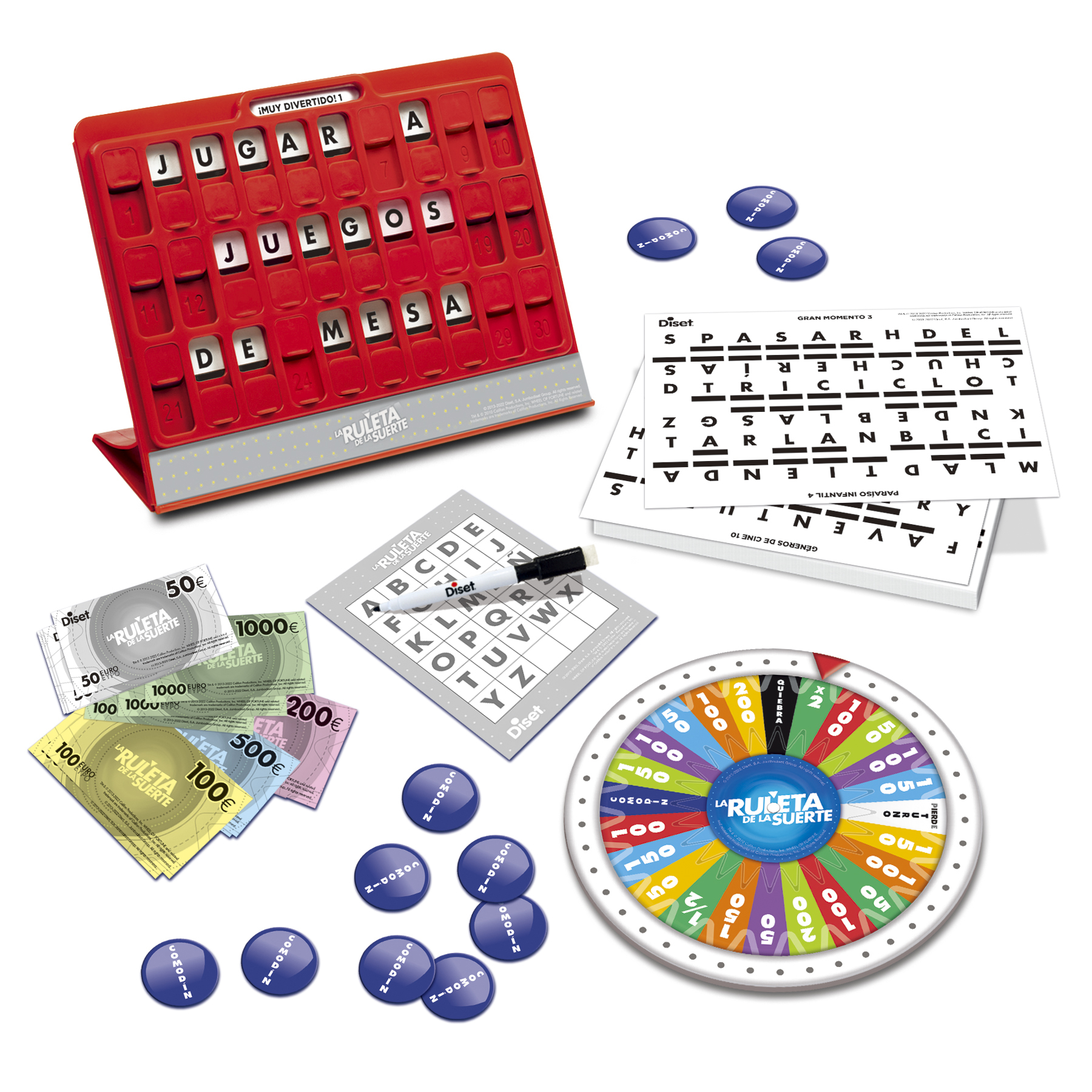 Juego de mesa con tablero rojo, letras, dinero, ruleta y fichas azules. Palabras: JUGAR, JUEGOS, MESA.