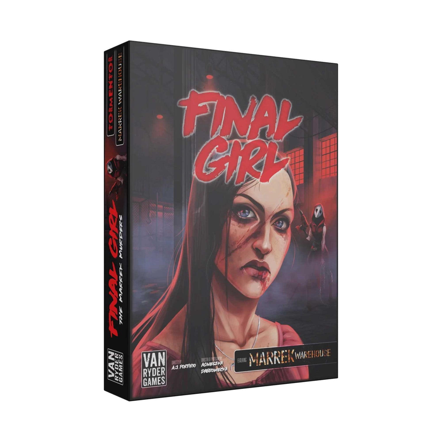 Die Brettspielbox zeigt eine Frau mit Wunden und Blut, Titel: Final Girl. Hintergrund: Lagerhaus, rote Beleuchtung.