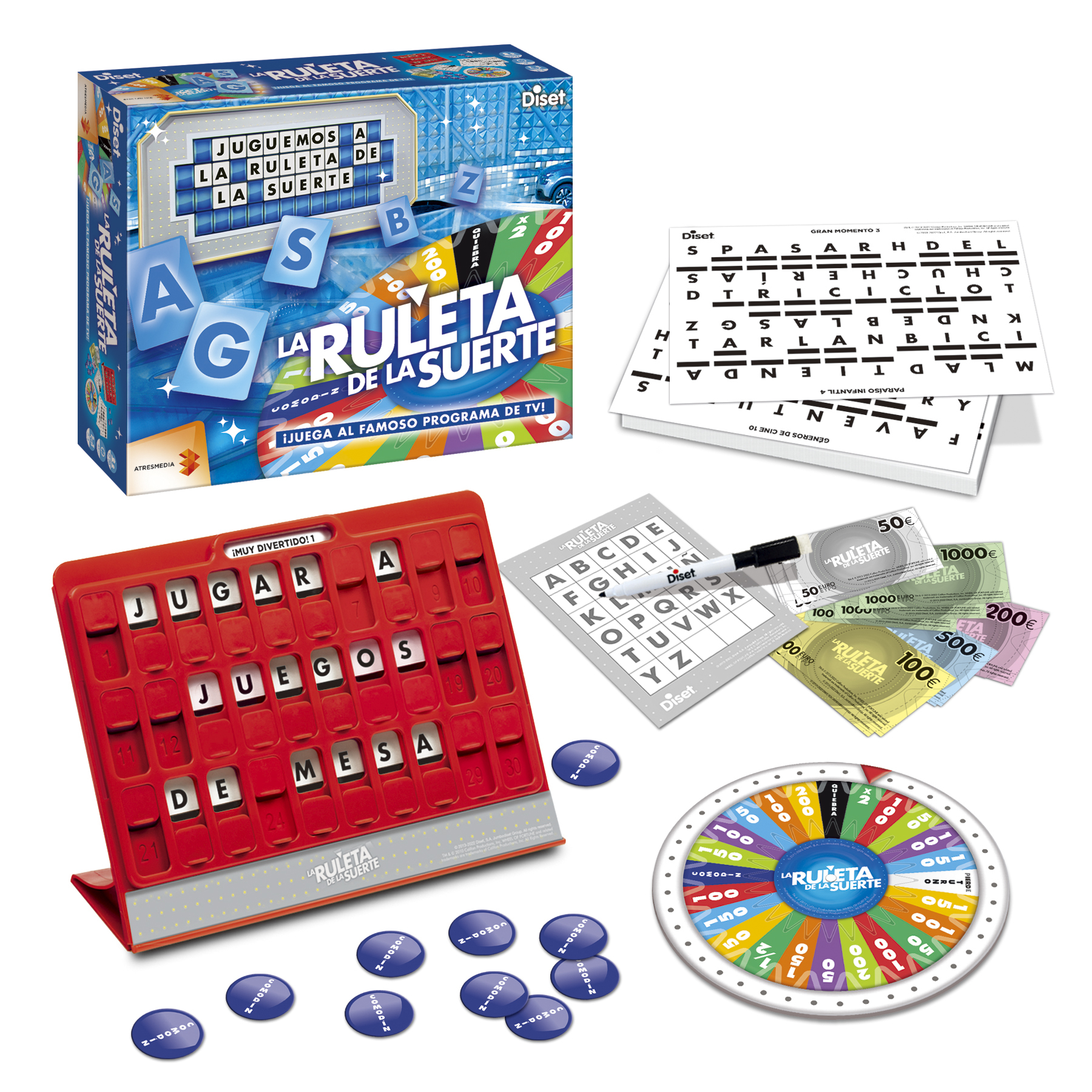 Se muestra un juego de mesa llamado 'La Ruleta de la Suerte' con componentes como una rueda, cartas y dinero de juego.