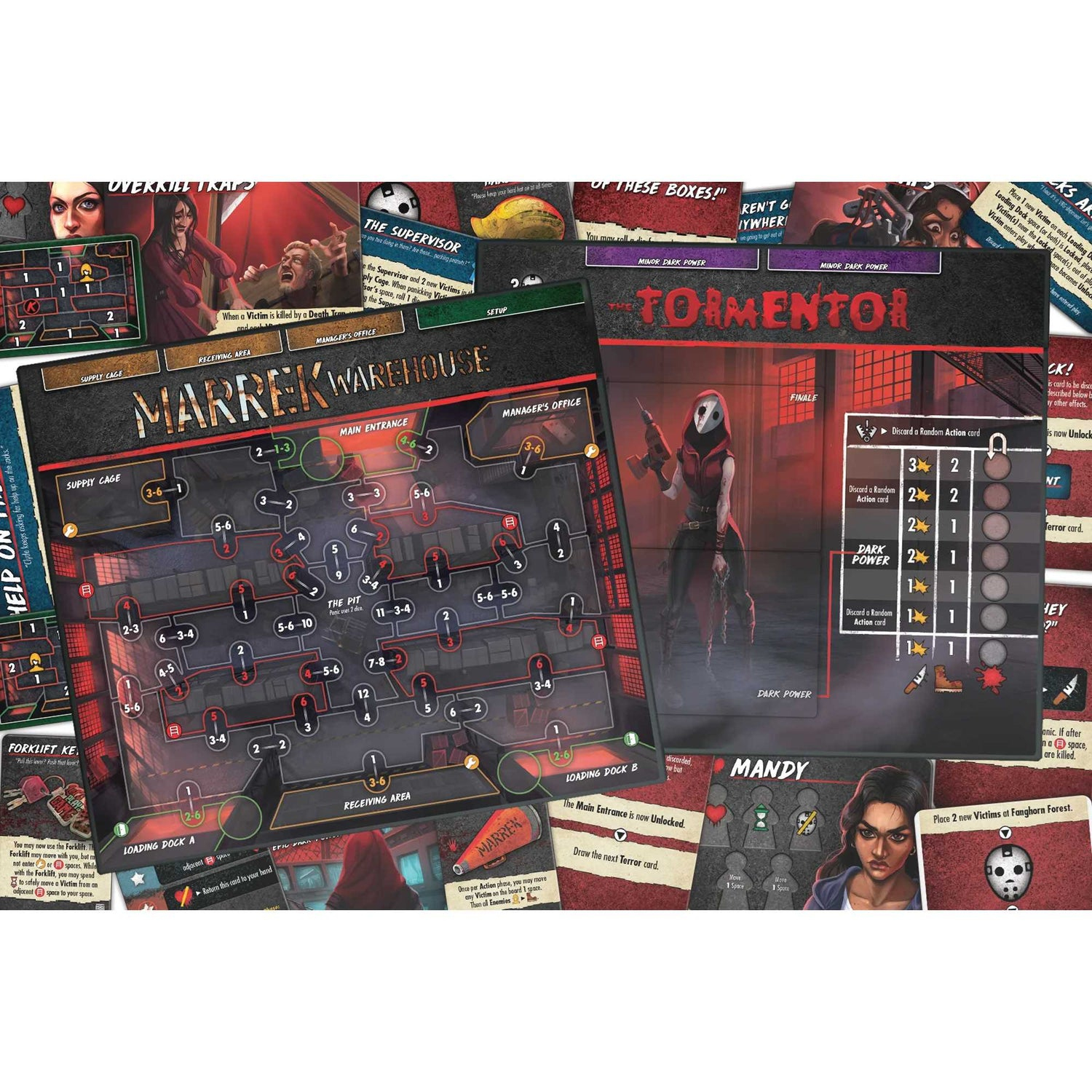 Eine Brettspielszene mit einer Frau, die eine Waffe hält, Spielkarten und eine Karte eines Lagerhauses.