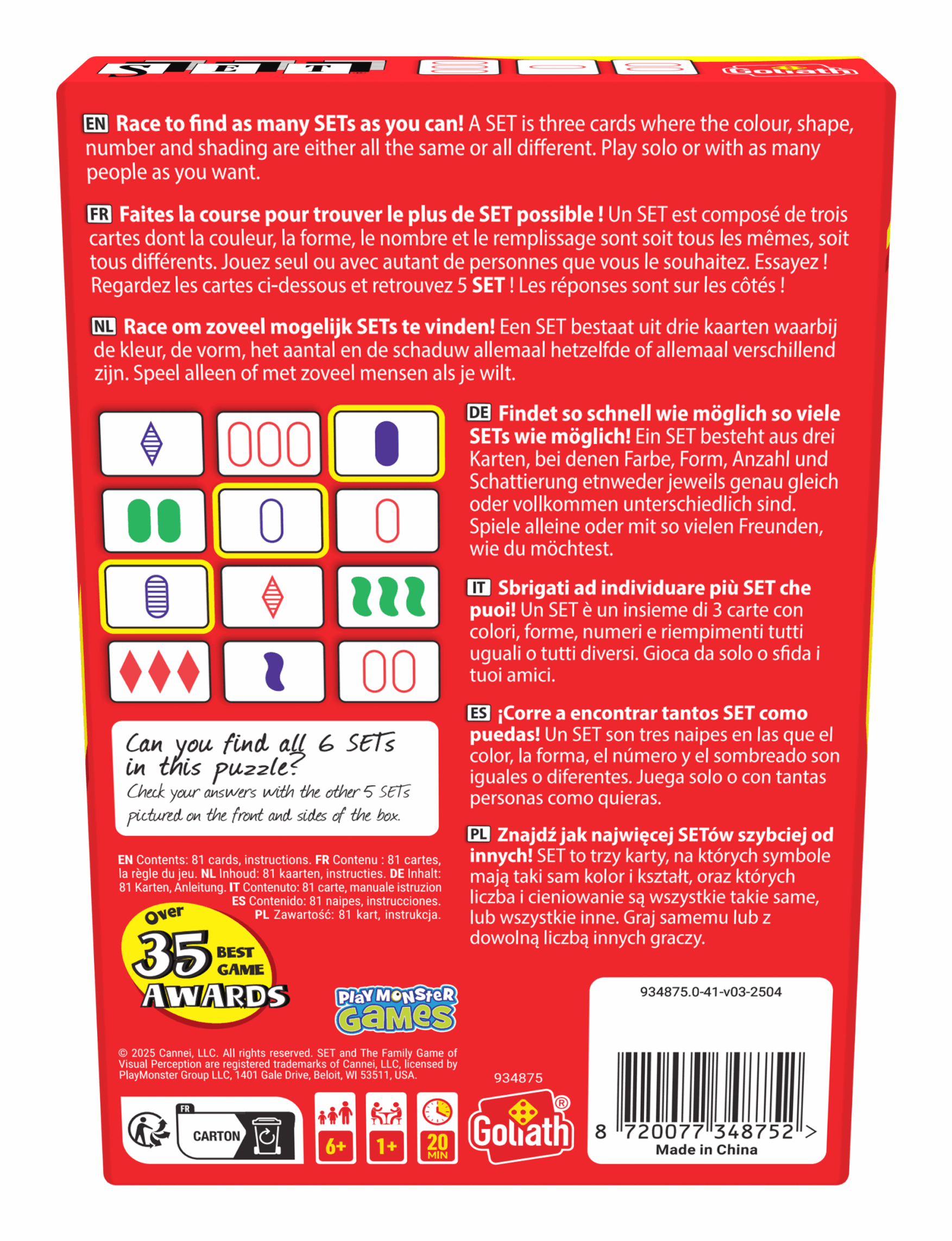 The box of the card game SET with text in multiple languages. It shows cards and logos.