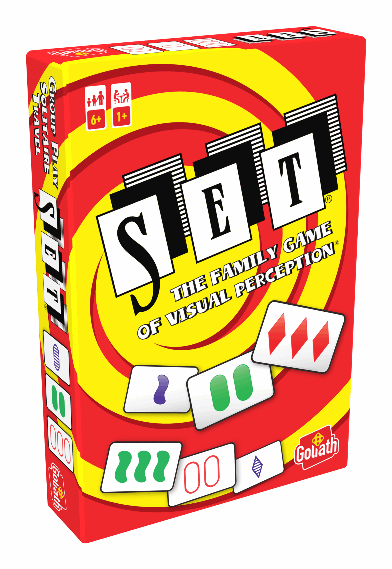 A red and yellow SET game box with the game name and cards with shapes.
