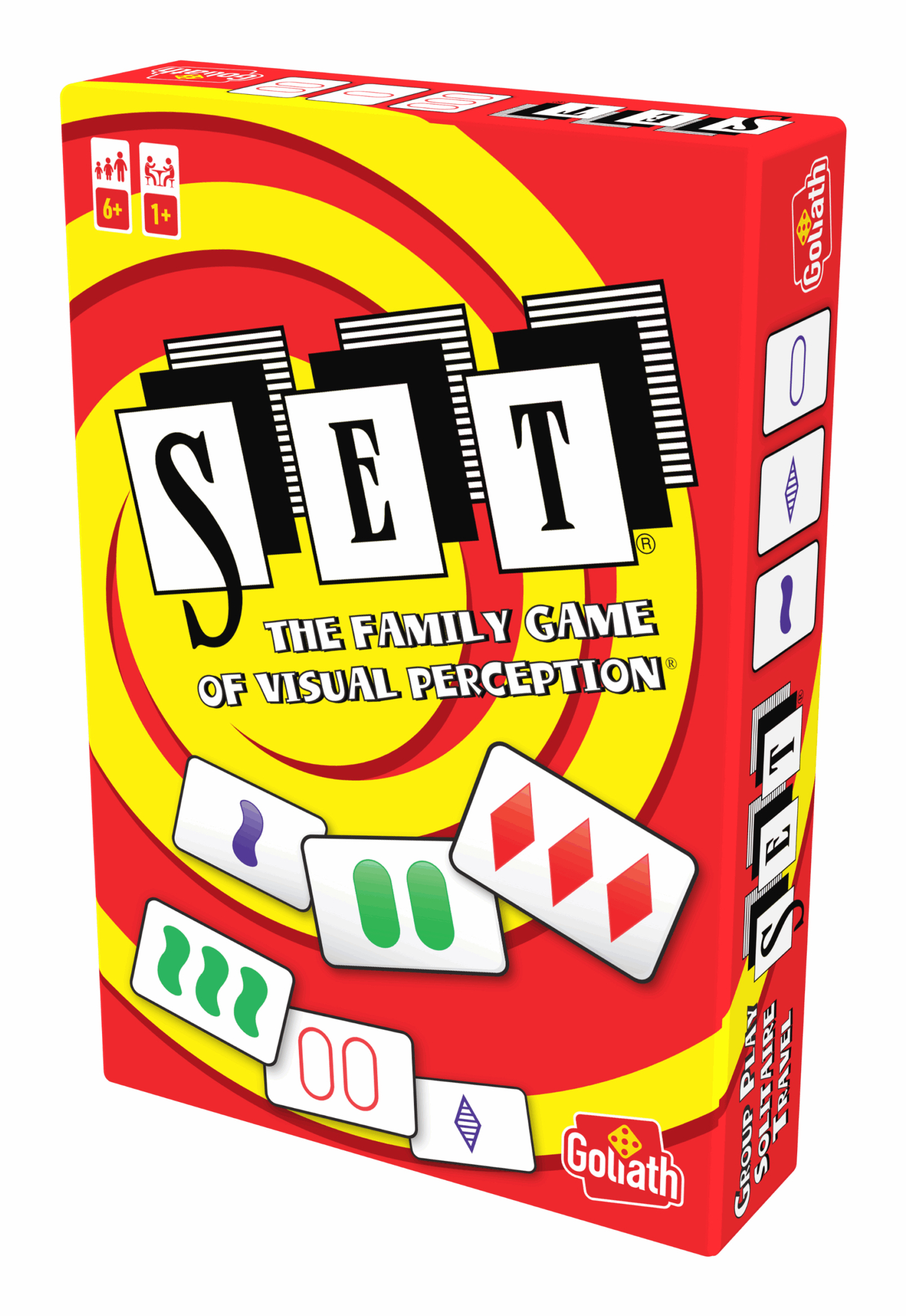 The box of the board game SET. Red background, yellow and black lines, white cards with shapes.