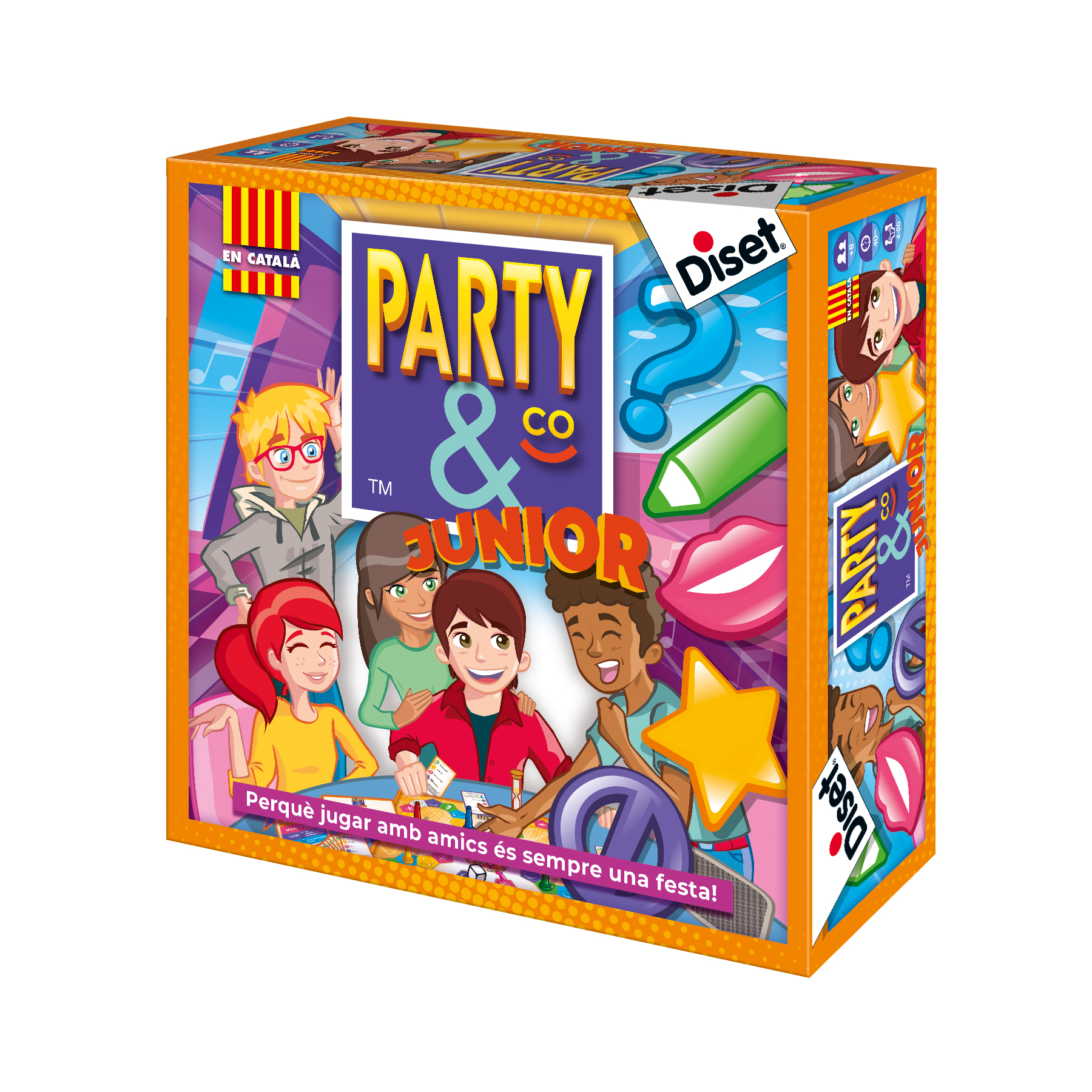 Caja del juego Party & Co Junior con personajes de dibujos animados, logotipos, interrogación, estrella, labios, lápiz y texto en catalán.