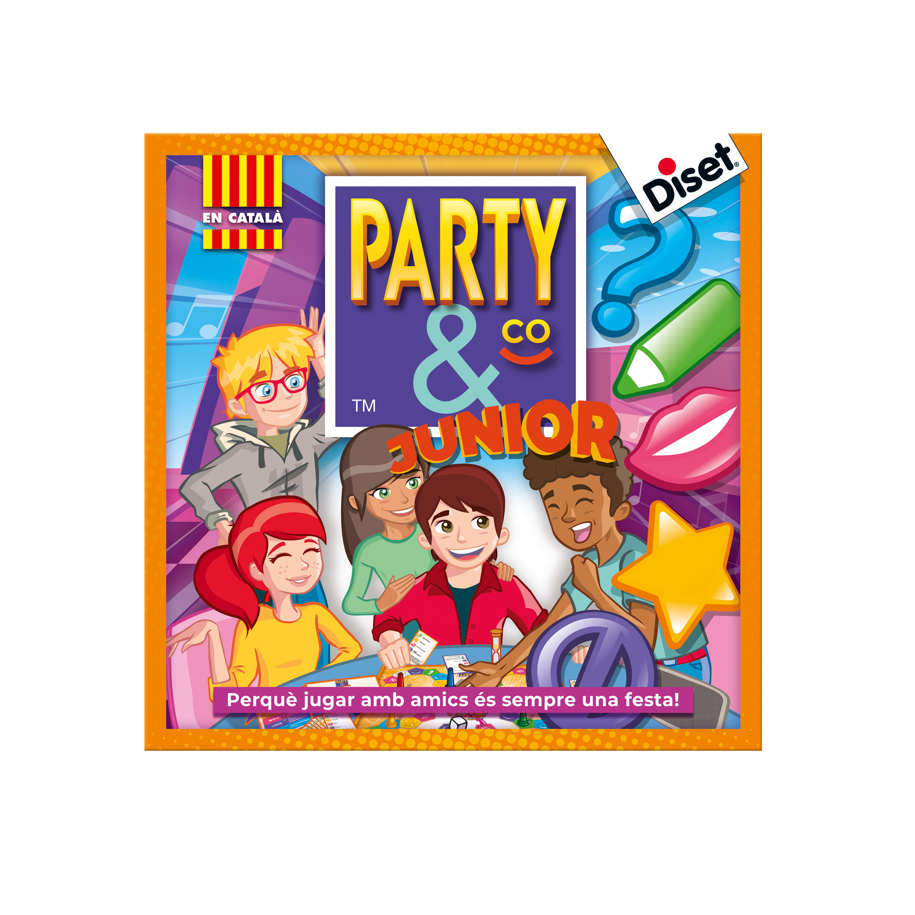 La carátula muestra a niños jugando al juego Party & Co Junior. Presenta el logo, imágenes y texto del juego en catalán.