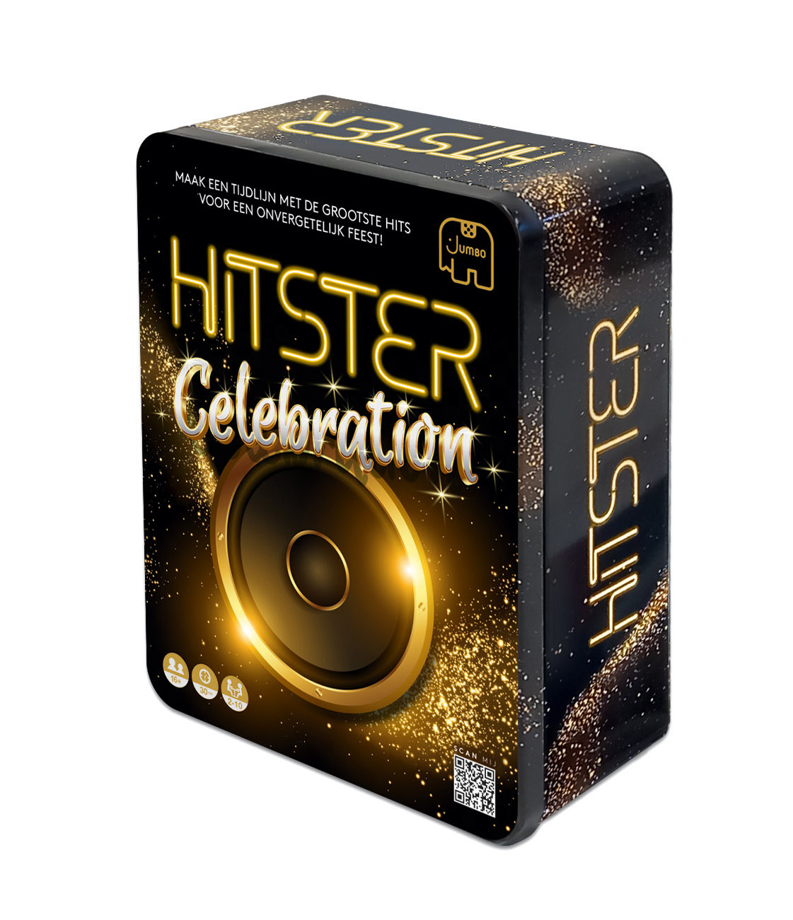 Doos met 'HITSTER Celebration'-tekst, luidsprekergrafiek en Jumbo-logo. Zwart en goud design. Tekst: Maak een tijdlijn met de grootste hits.