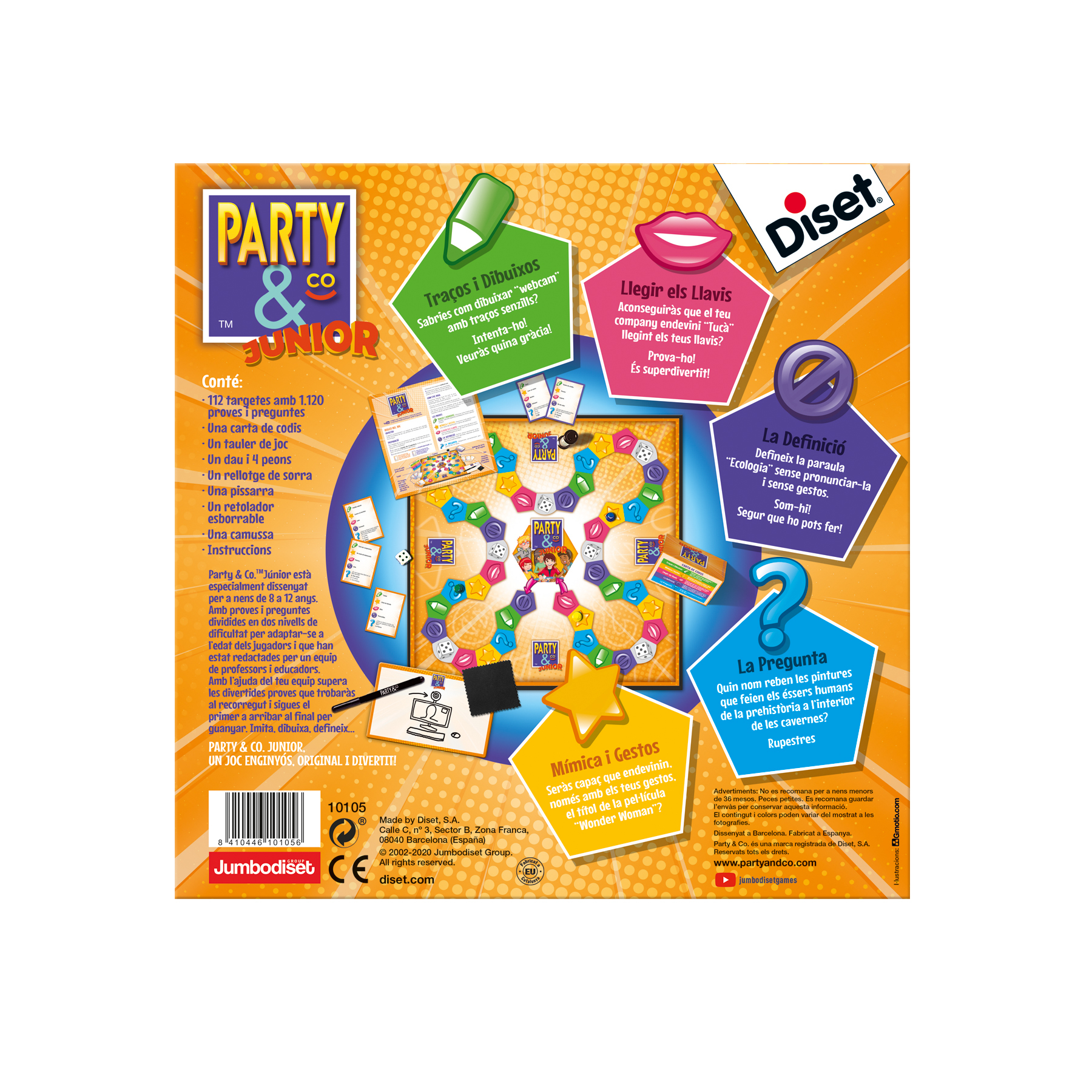 Una caja de juego. La caja es amarilla y naranja, con el título 'Party & Co. Junior'. Incluye piezas e instrucciones.