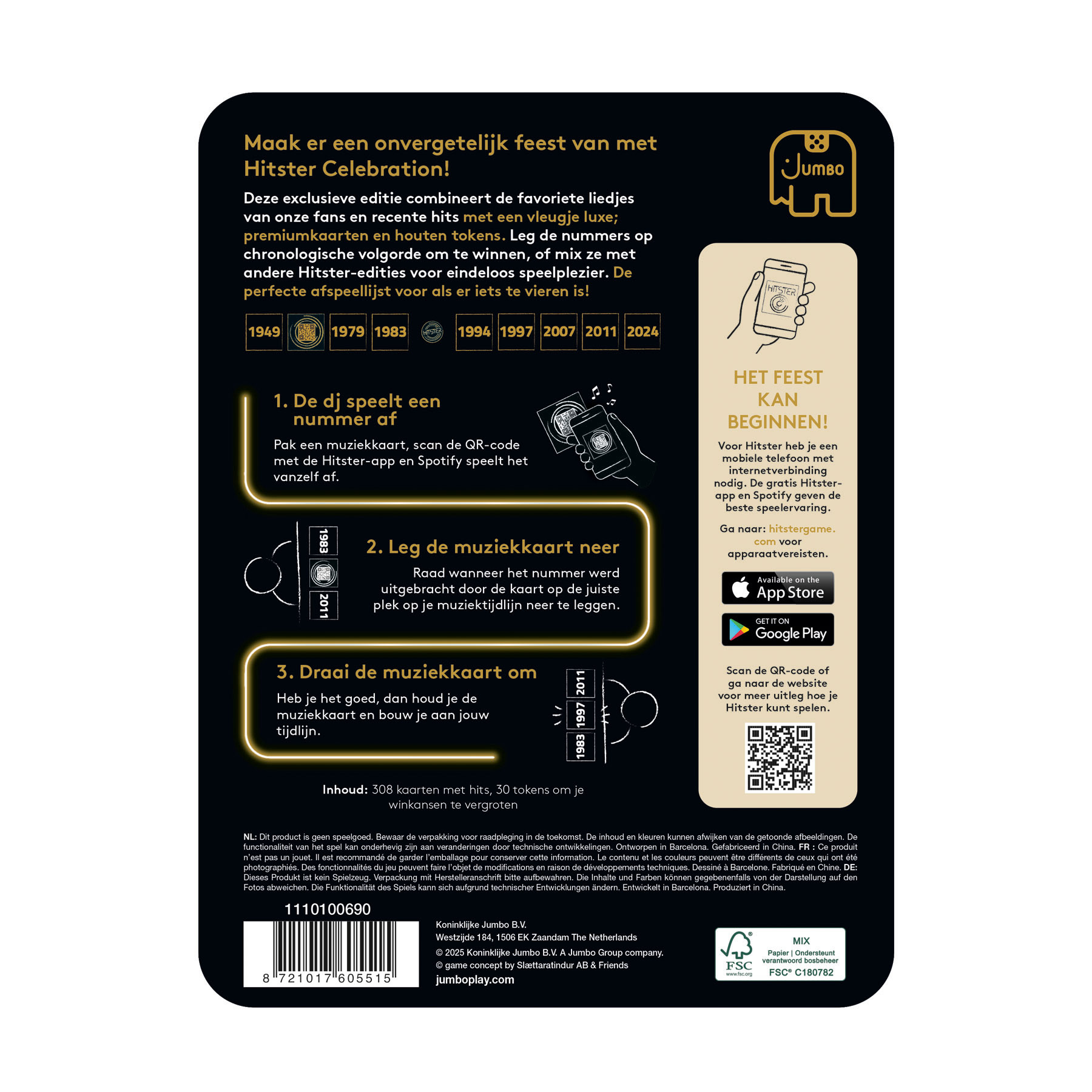 Kaartspeldoos met tekst en Jumbo-logo, een QR-code en een smartphone-illustratie.