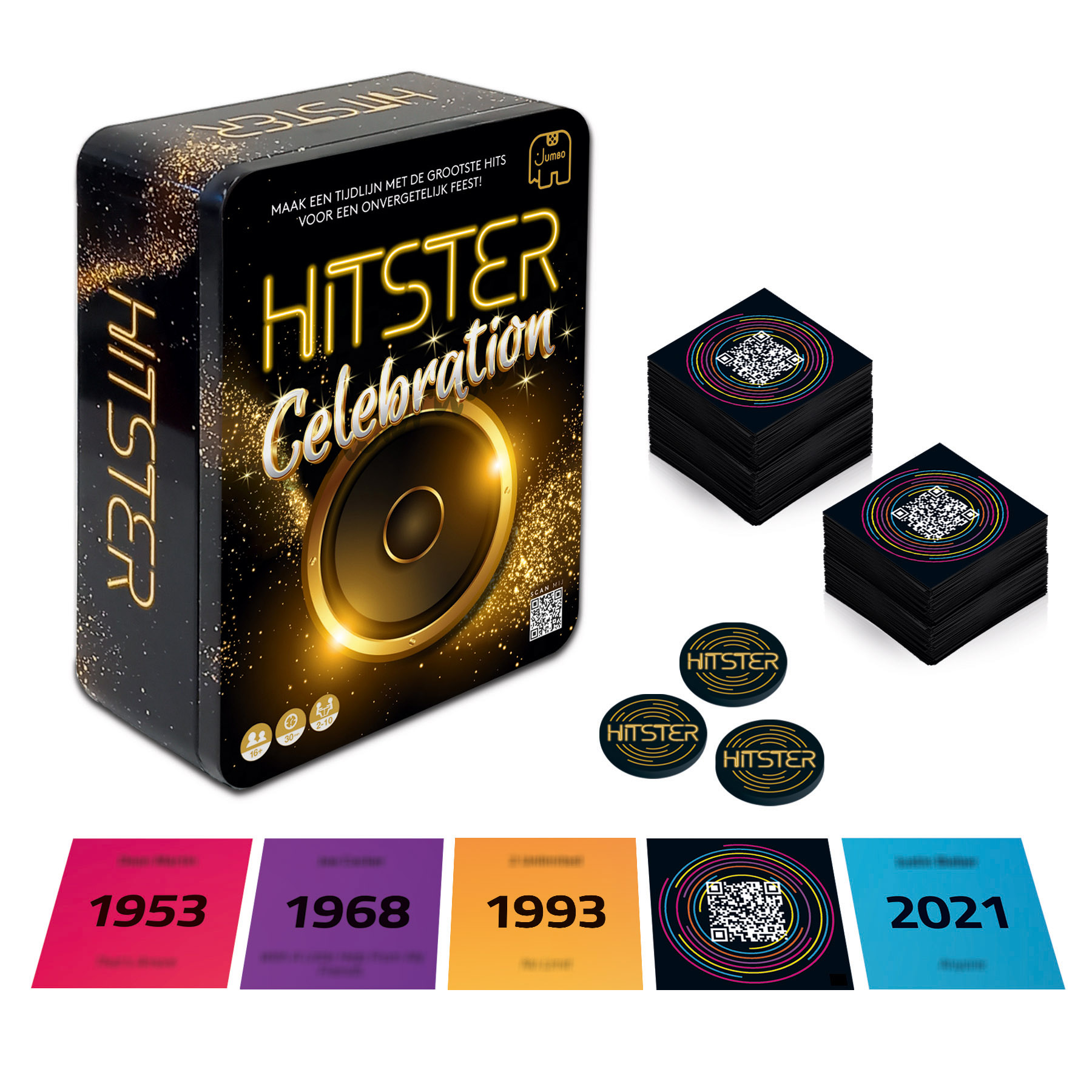 Een 'Hitster Celebration' speldoos met kaarten, tokens en jaarkaarten. De doos is zwart met gouden accenten.