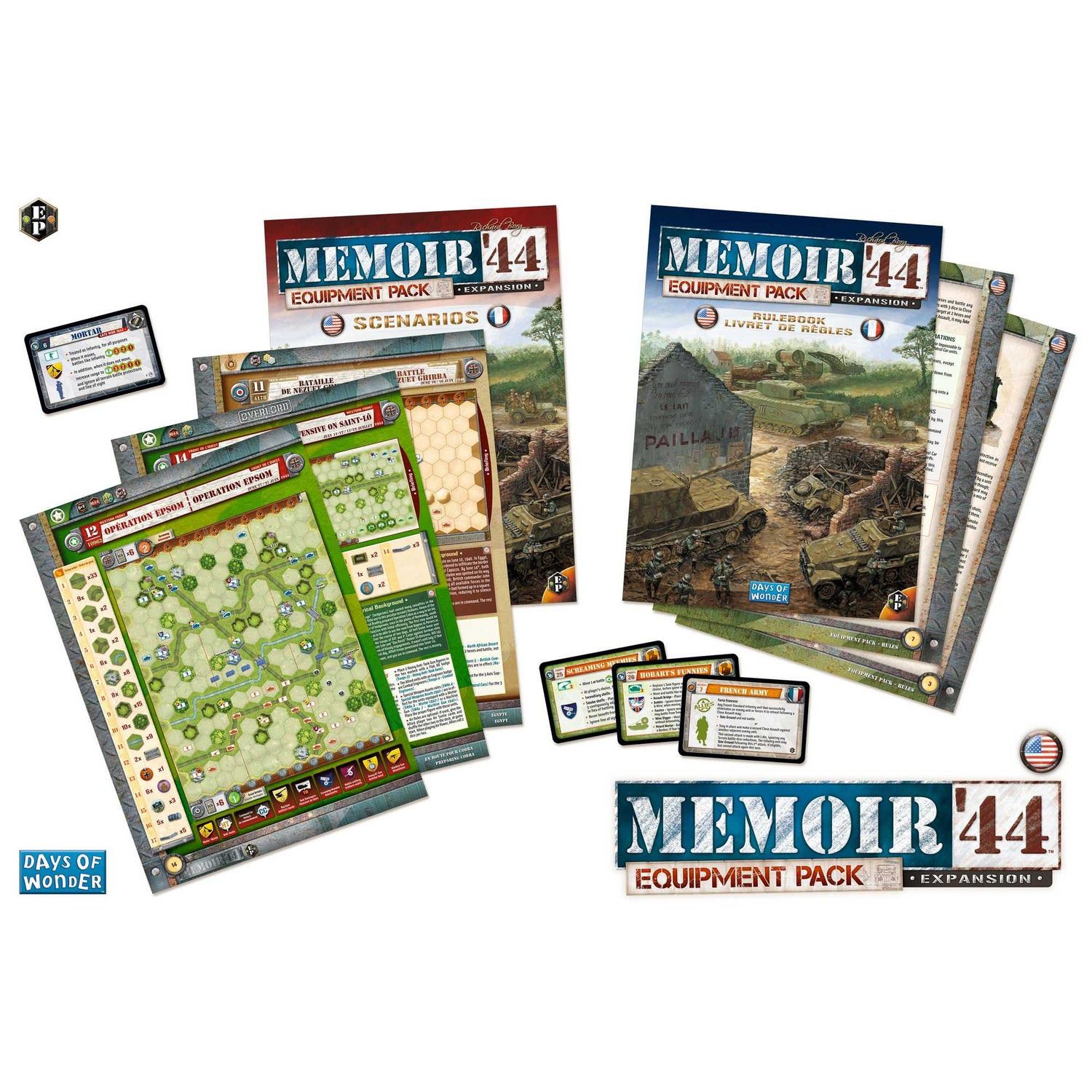 Brettspiel 'Memoir '44' Ausrüstungspack mit Szenarien und Regelbüchern. Karten und Spielsteine werden angezeigt.