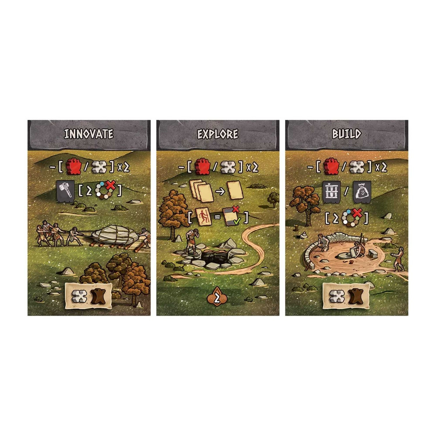 Tre carte gioco. Innovare, Esplorare, Costruire. Ogni carta raffigura una scena con strumenti primitivi, persone e risorse, su uno sfondo erboso.