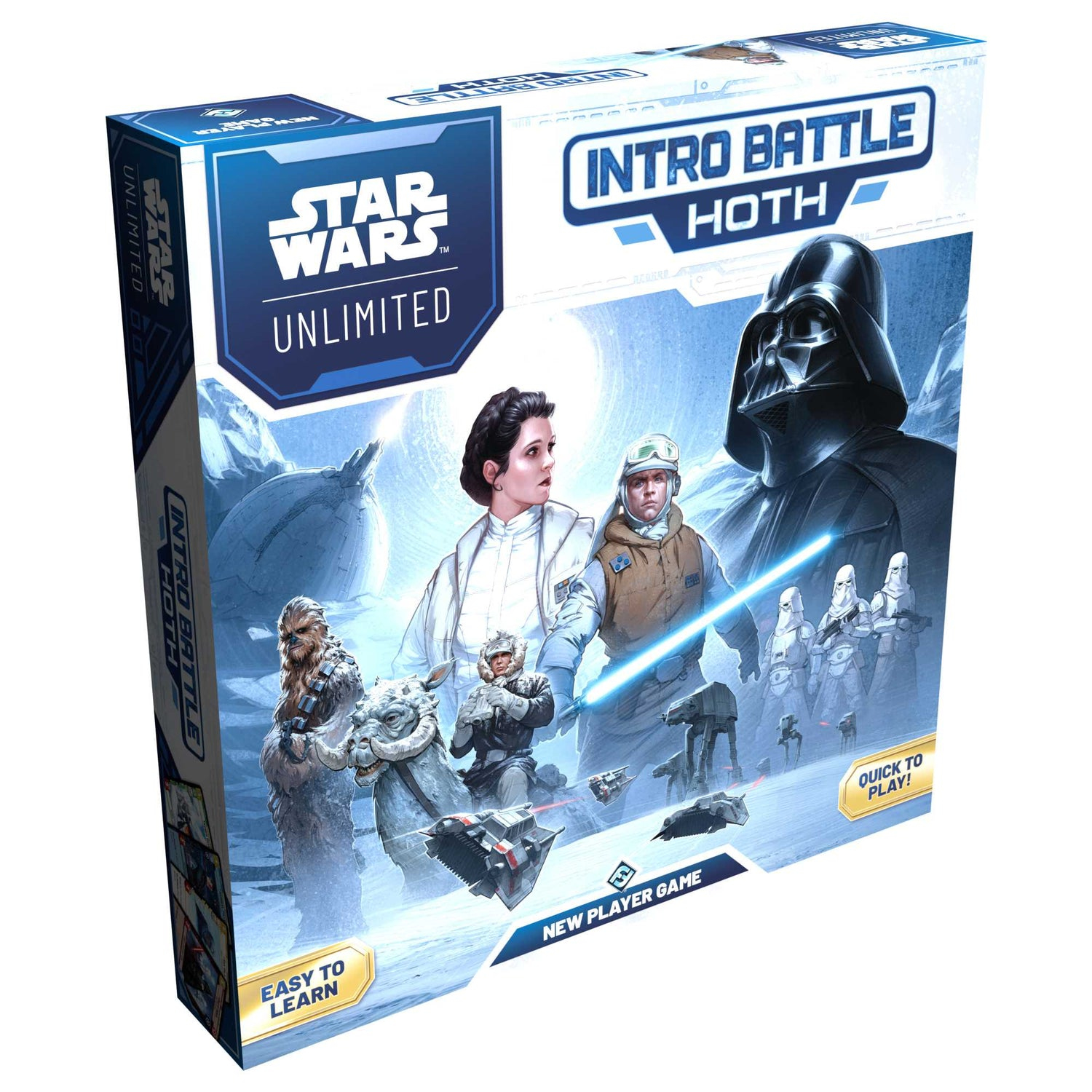 Star Wars Brettspielbox. Enthält Charaktere wie Darth Vader und Chewbacca, mit dem Titel 'Intro Battle Hoth' prominent dargestellt.