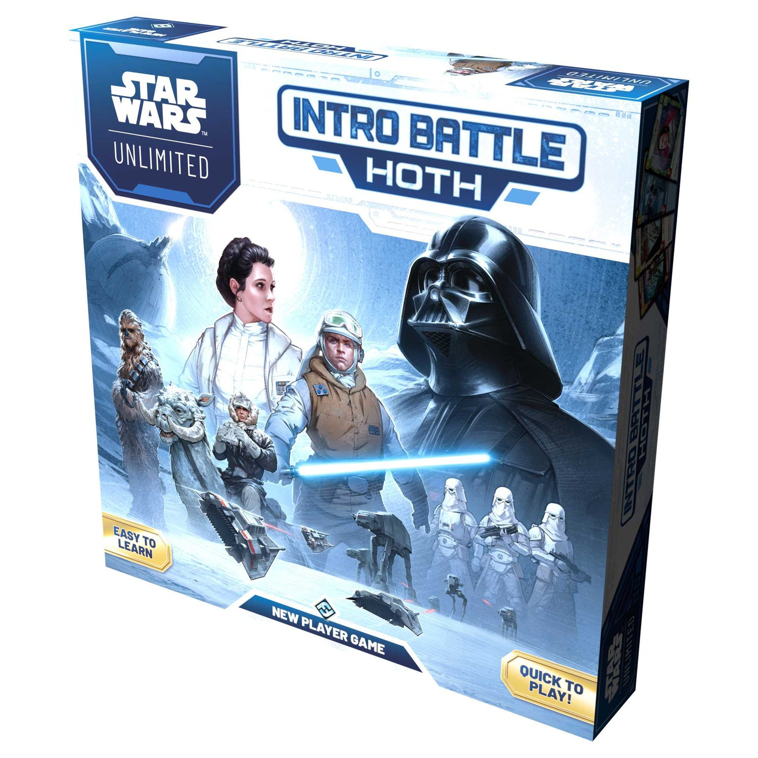 Star Wars Brettspielbox. Enthält Charaktere wie Darth Vader und Prinzessin Leia. Mit AT-ATs und Snowtroopern. Text: Intro Battle Hoth.