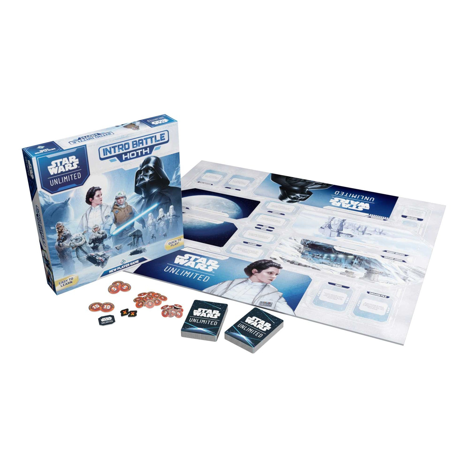 Ein Star Wars Unlimited Brettspiel-Set. Enthält eine Box, ein Spielbrett, Karten und Spielsteine. Auf der Box sind Darth Vader und Leia abgebildet.