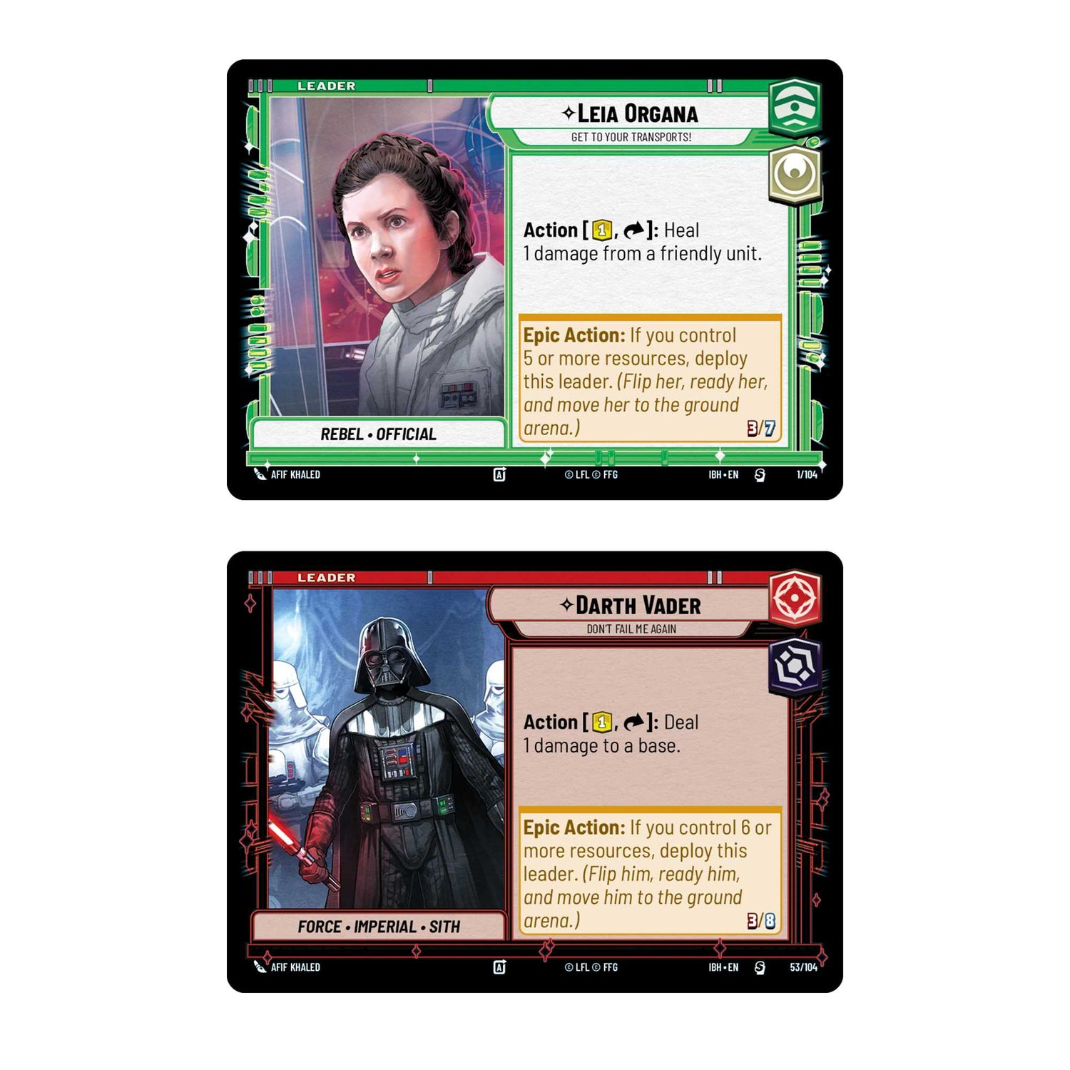 Zwei Star-Wars-Sammelkarten. Leia Organa und Darth Vader sind abgebildet. Texte beschreiben Aktionen und Fähigkeiten.