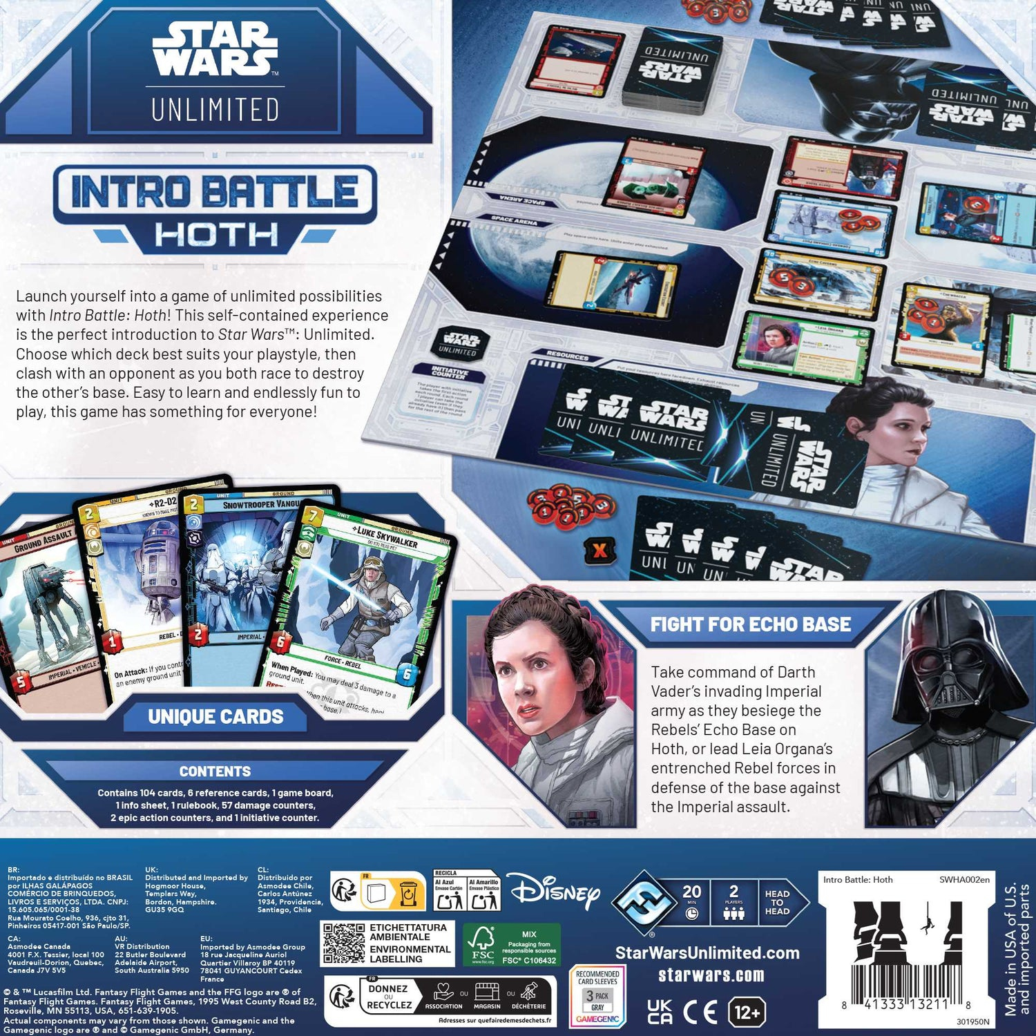 Star Wars: Unlimited Spielbox. Charaktere aus dem Film sind abgebildet, darunter Darth Vader und Leia. Spielkarten sind sichtbar.