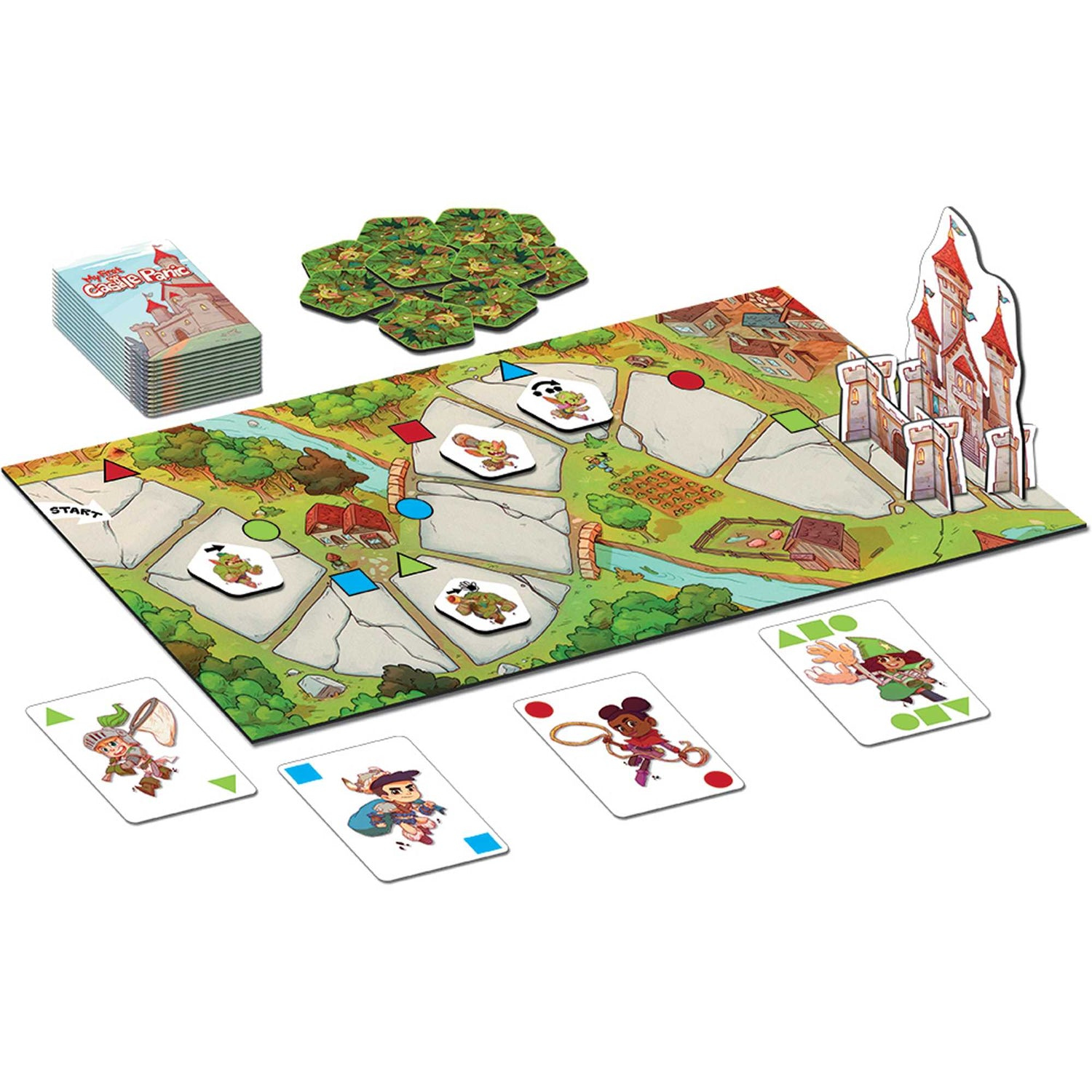 Brettspiel 'My First Castle Panic' mit Karten, Spielsteinen und einem Burg-Hintergrund. Das Brett zeigt eine Karte mit verschiedenen Elementen.