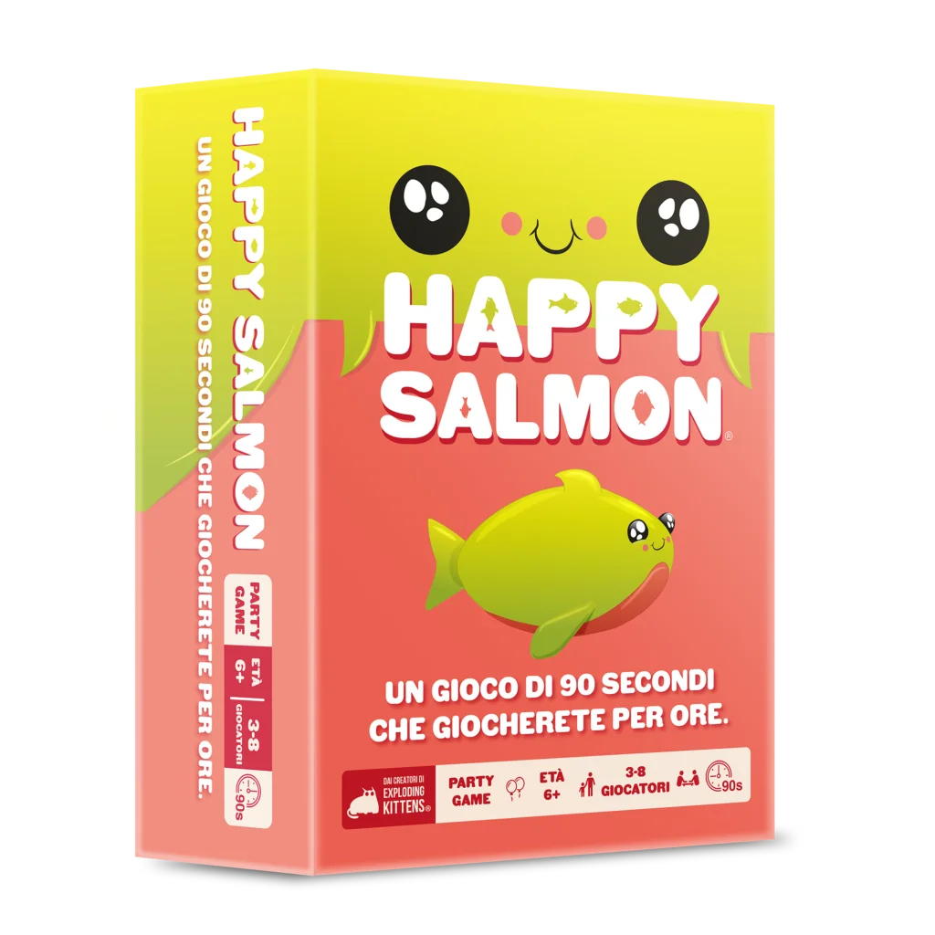 Happy Salmon-Spielbox. Enthält einen Cartoon-Lachs und Text auf Italienisch. Die Box hat gelbe, rote und weiße Farben mit Spielinfo.