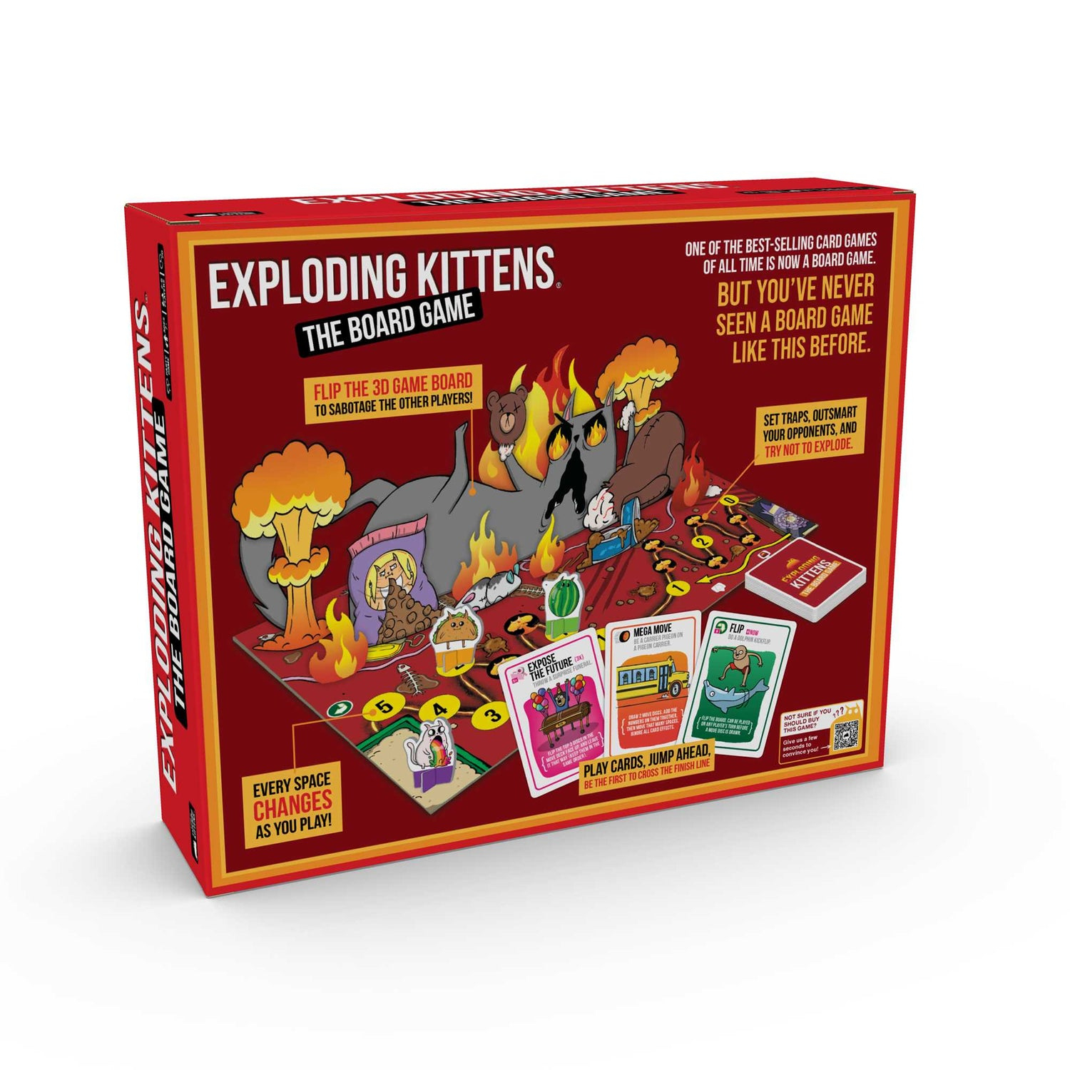 Exploding Kittens Brettspielbox. Cartoon-Katzen, Explosionen und Spielelemente sind vor rotem Hintergrund gezeigt.