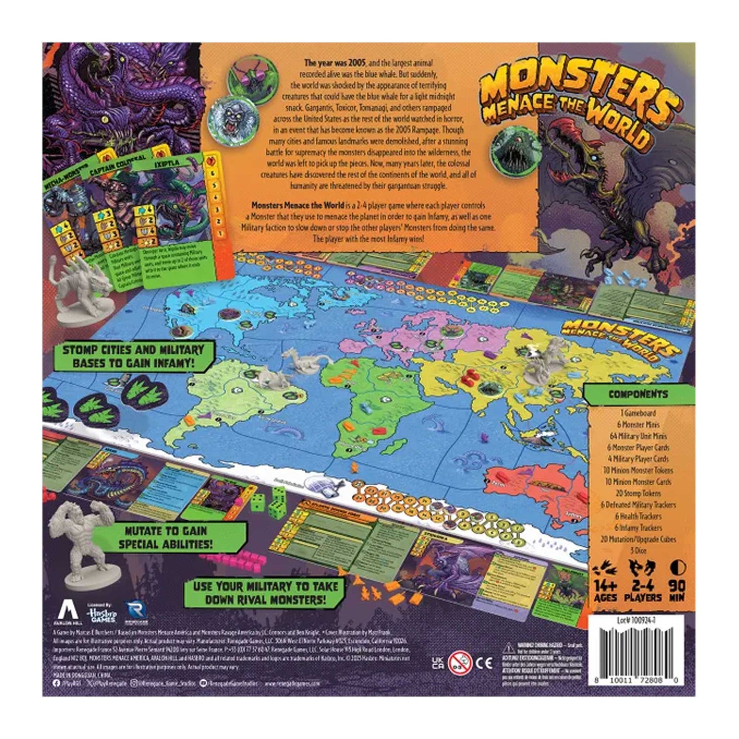 Scatola del gioco da tavolo con mostri, mappa del mondo e componenti. Il testo include il titolo del gioco e le istruzioni.