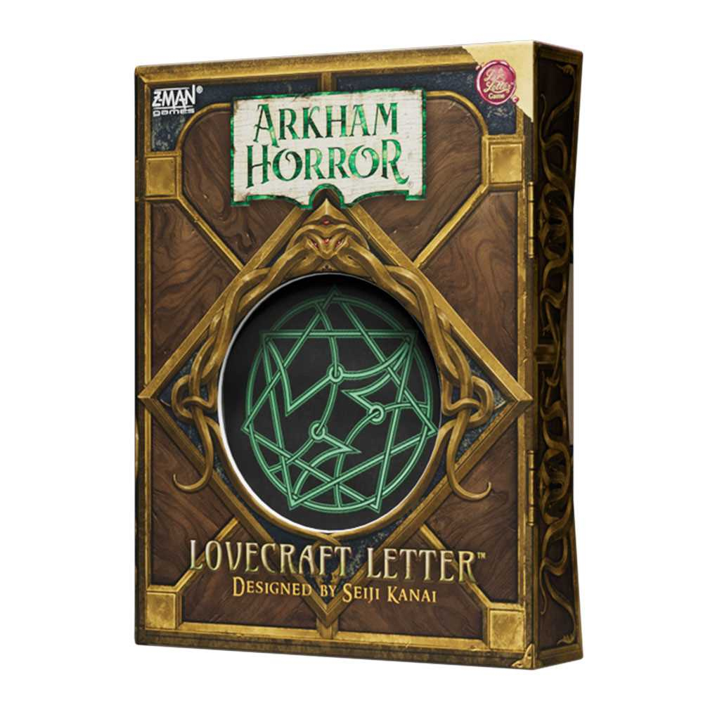 Eine Brettspielbox. Sie trägt den Titel 'Arkham Horror Lovecraft Letter' mit einem grünen Symbol und einem dunkelbraunen Hintergrund.