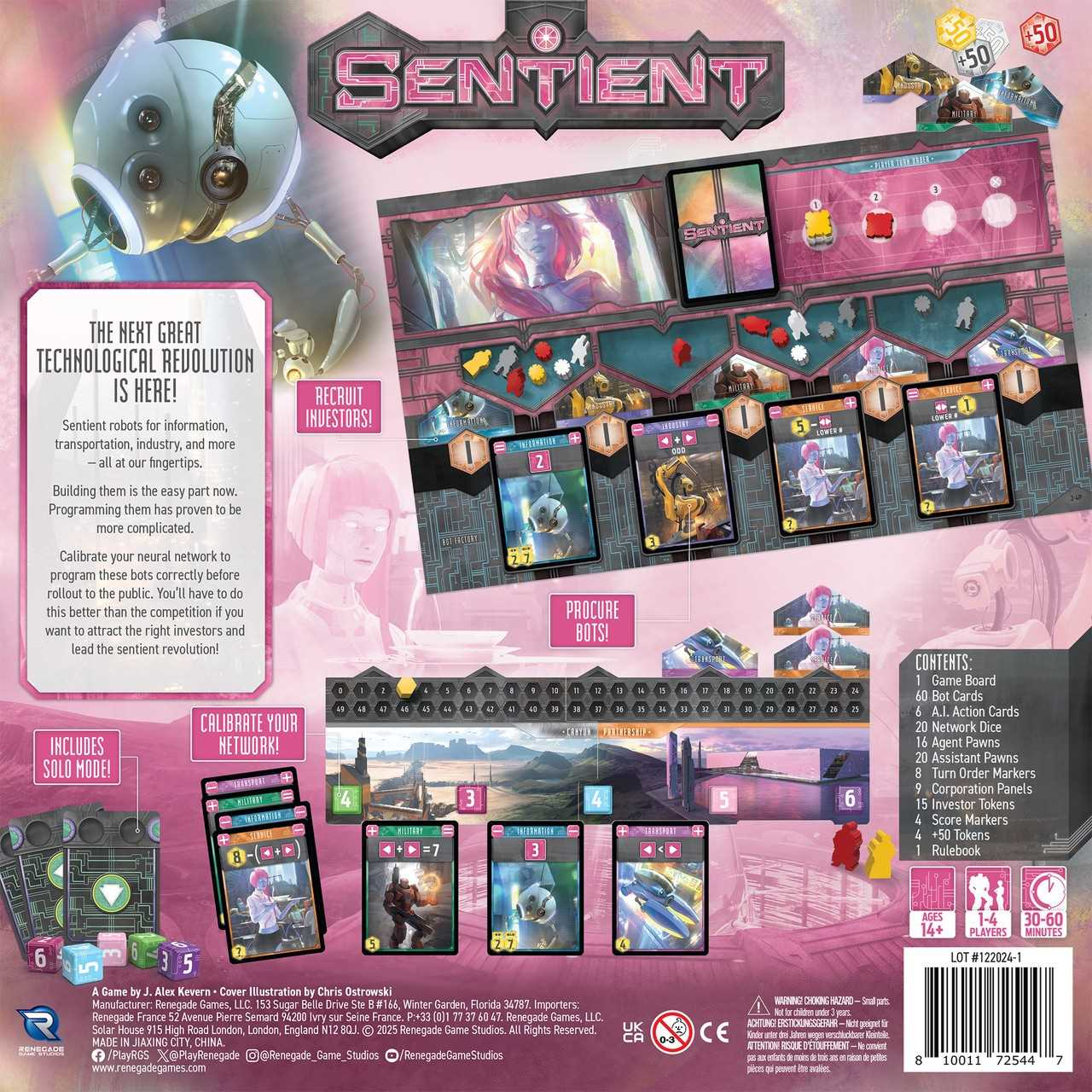 Gioco da tavolo Sentient. Contiene robot, carte e gettoni. Include testo e istruzioni. La scatola mostra i componenti del gioco.