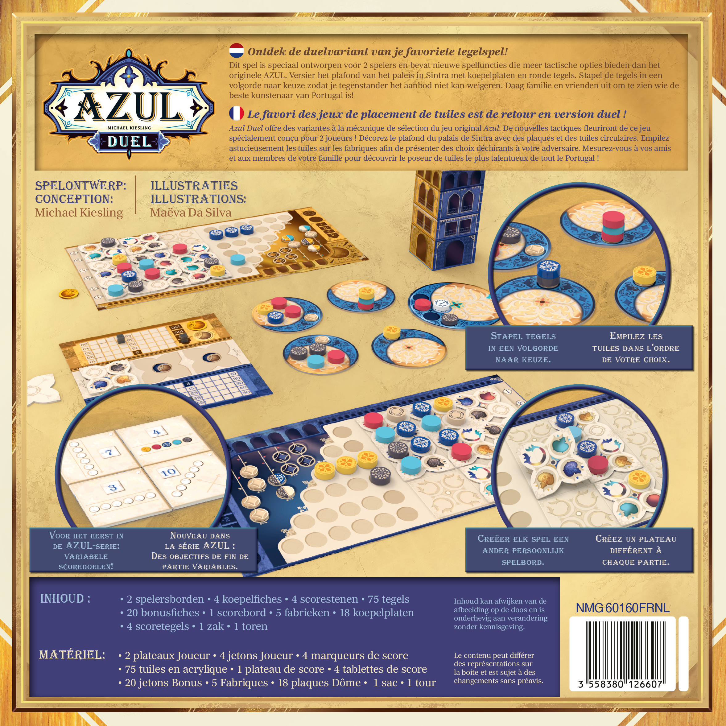 Brettspielbox mit dem Titel Azul Duel. Enthält Spielsteine, Spielbretter und Komponenten. Dekorative Gestaltung.