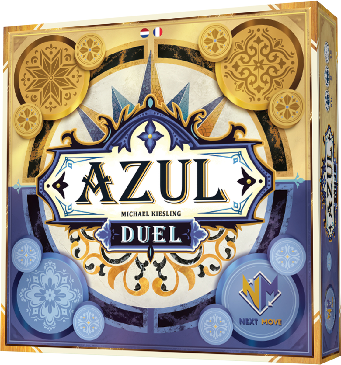 Schachtelkunst für das Brettspiel Azul Duel. Zeigt den Titel, dekorative Elemente und ein Kompassrosendesign in Blau und Gold.