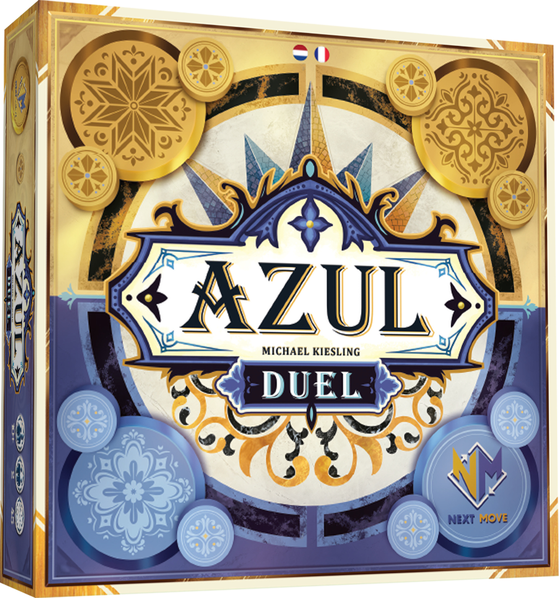 Die Azul Duel-Brettspielbox. Sie zeigt den Spieletitel, den Designer und dekorative Elemente in Gold-, Blau- und Weißtönen.