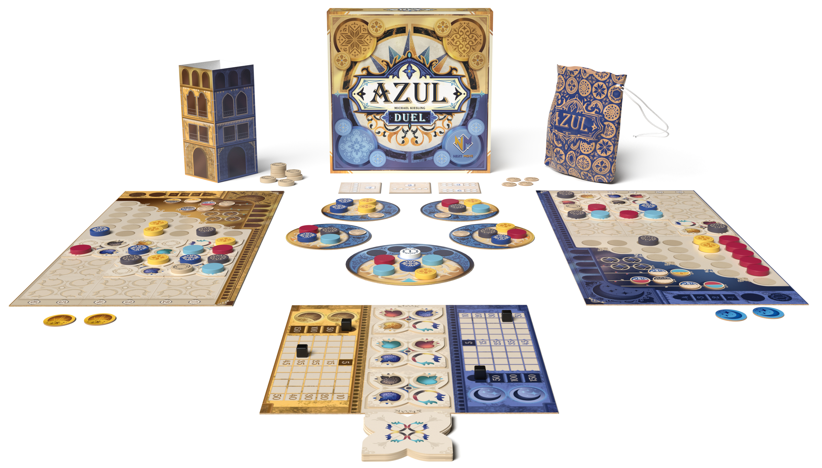 Azul Duel Brettspiel-Set. Enthält Bretter, Spielsteine, Schachtel, Beutel und Turm. Spielsteine sind in verschiedenen Farben wie Blau, Rot und Gelb.