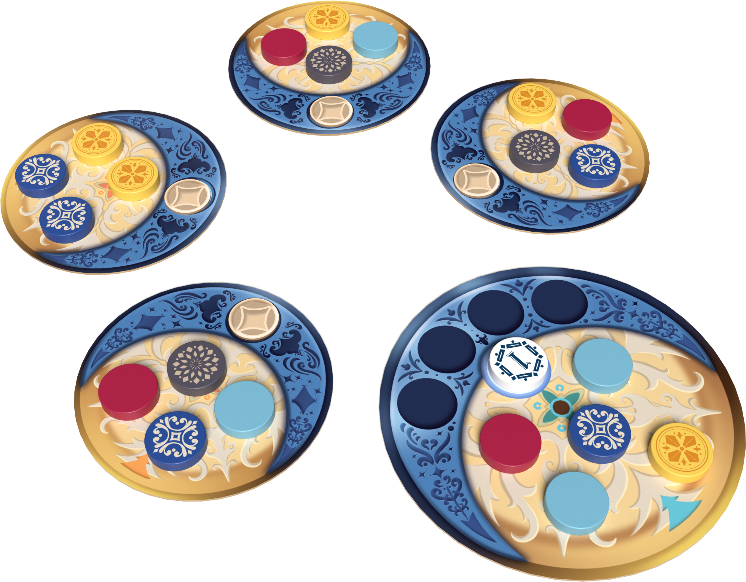 Mehrere kreisförmige Spielbretter mit blauen, gelben, roten und grauen Spielsteinen auf weißem Hintergrund.
