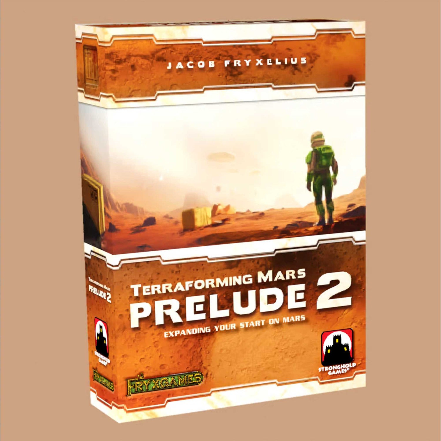 Box-Art für Terraforming Mars: Prelude 2. Zeigt eine Figur auf dem Mars mit Spieltitel und Logo.