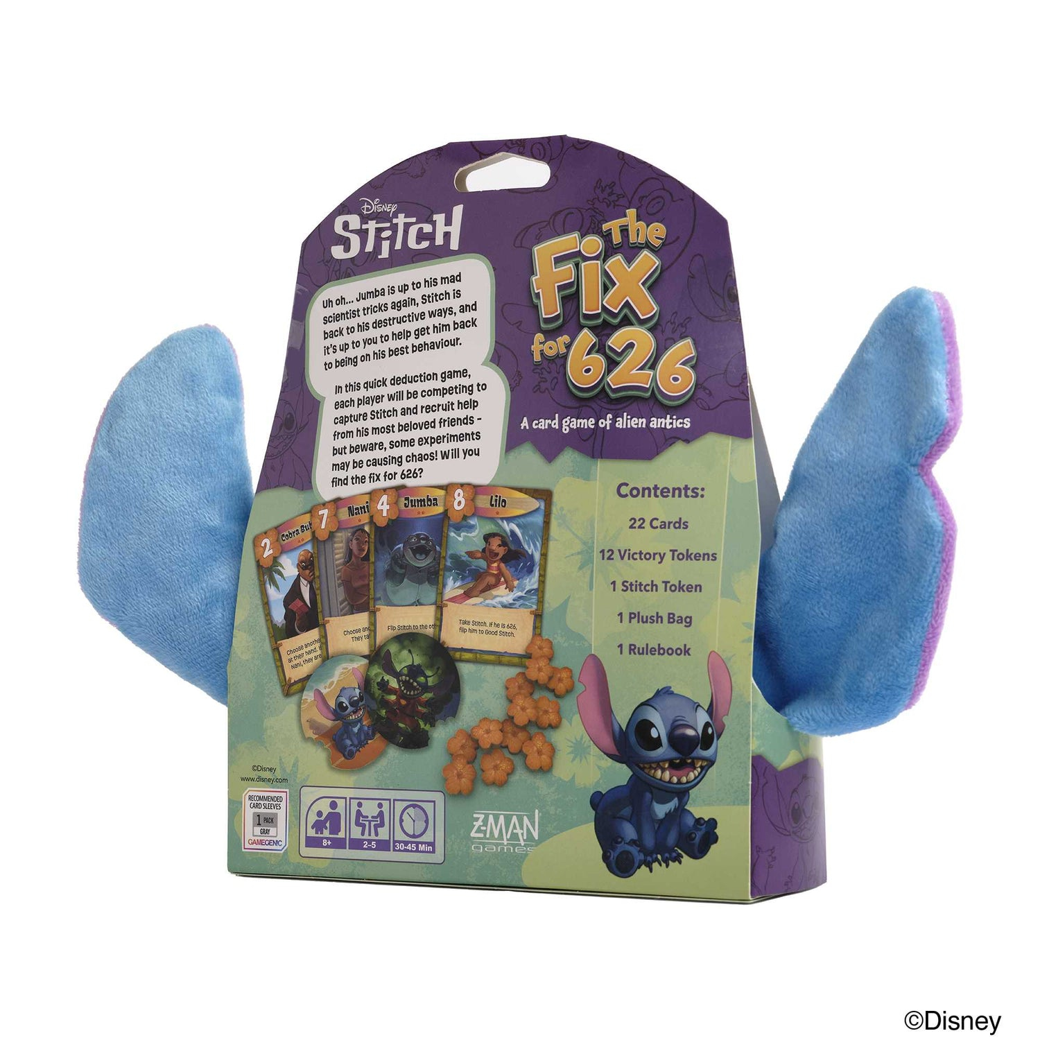 Ein Stitch-Brettspiel mit Plüschohren. Die Box zeigt Stitch und Spieldetails. Karten und Token sind sichtbar.
