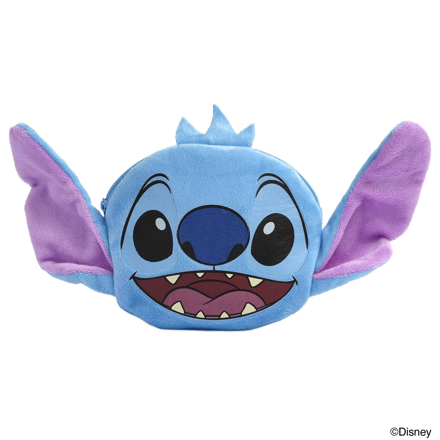 Ein blauer Stitch-Plüsch. Es hat große lila Ohren, einen weit geöffneten Mund mit Zähnen und eine kleine Krone. Der Hintergrund ist weiß.
