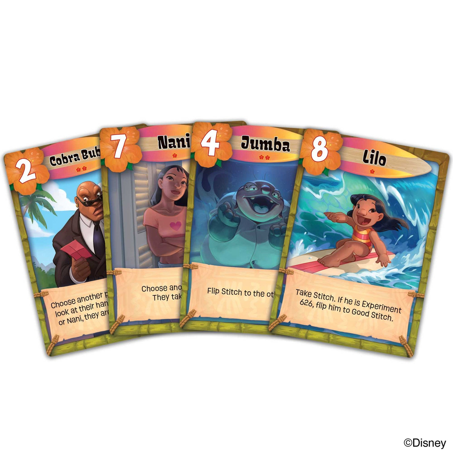 Vier Lilo & Stitch-Spielkarten: Cobra Bub, Nani, Jumba und Lilo. Jede Karte hat ein Charakterbild, eine Nummer und Anweisungen.