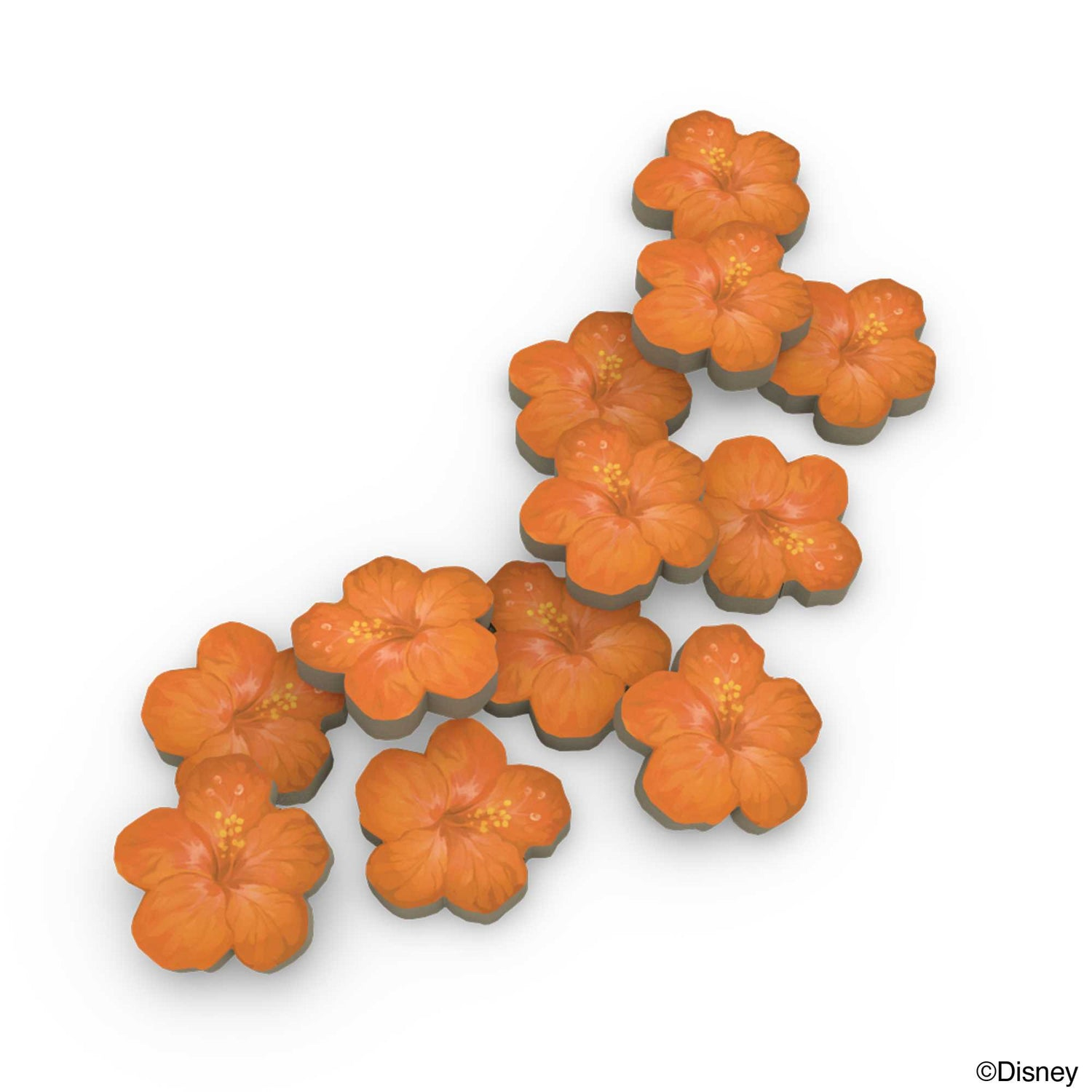 Mehrere orangefarbene Hibiskusblüten mit gelben Staubgefäßen sind auf weißem Grund angeordnet. Einige haben graue Ränder.