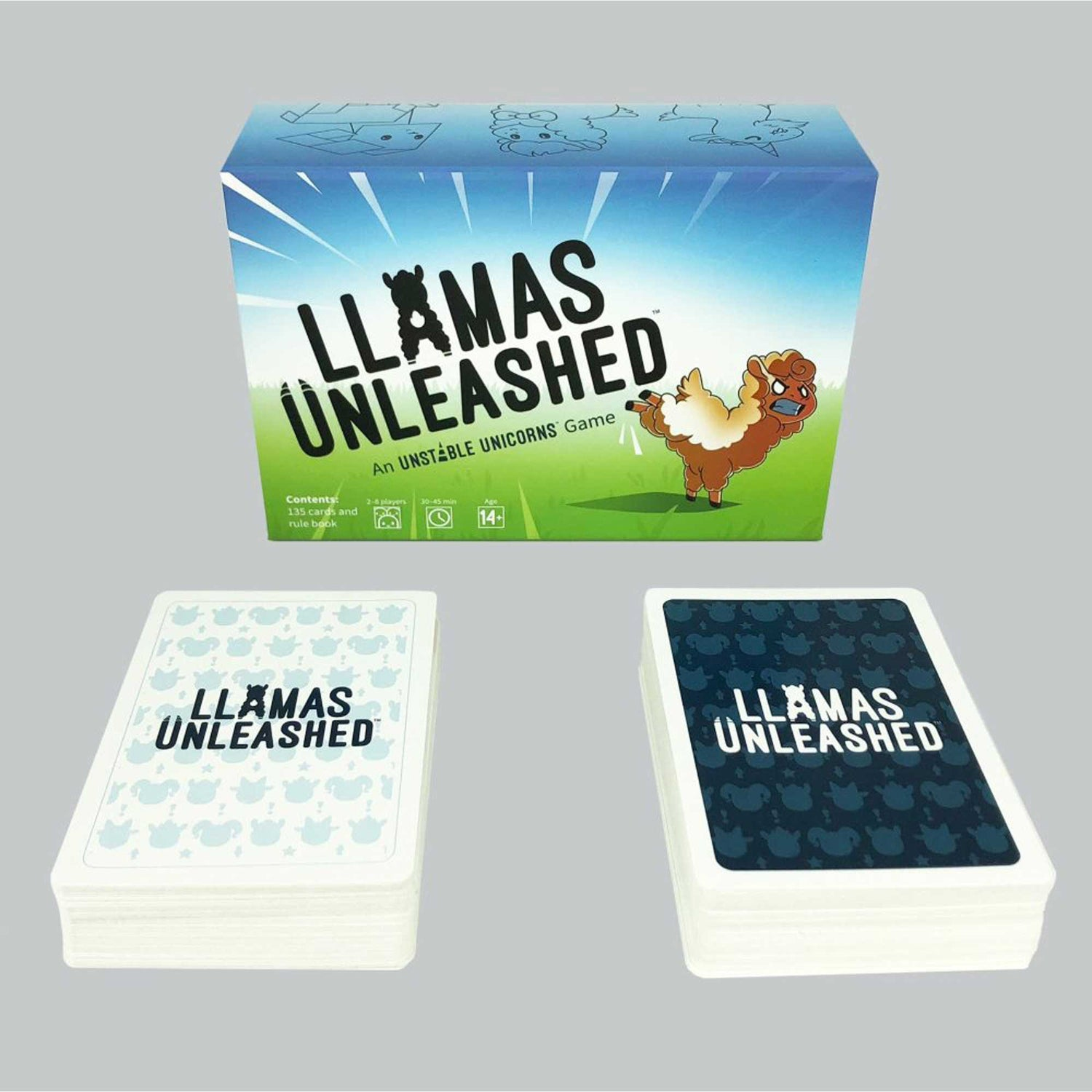 Eine Spielbox von Llamas Unleashed mit zwei Kartenspielen. Die Box zeigt ein Lama und den Titel des Spiels. Die Karten haben den Titel des Spiels.