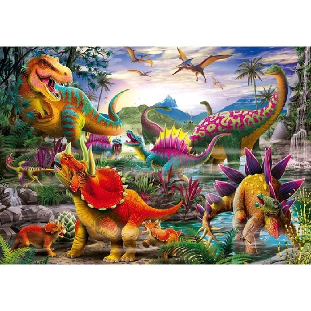 Illustrazione colorata di vari dinosauri in un paesaggio preistorico con una cascata e rettili volanti.