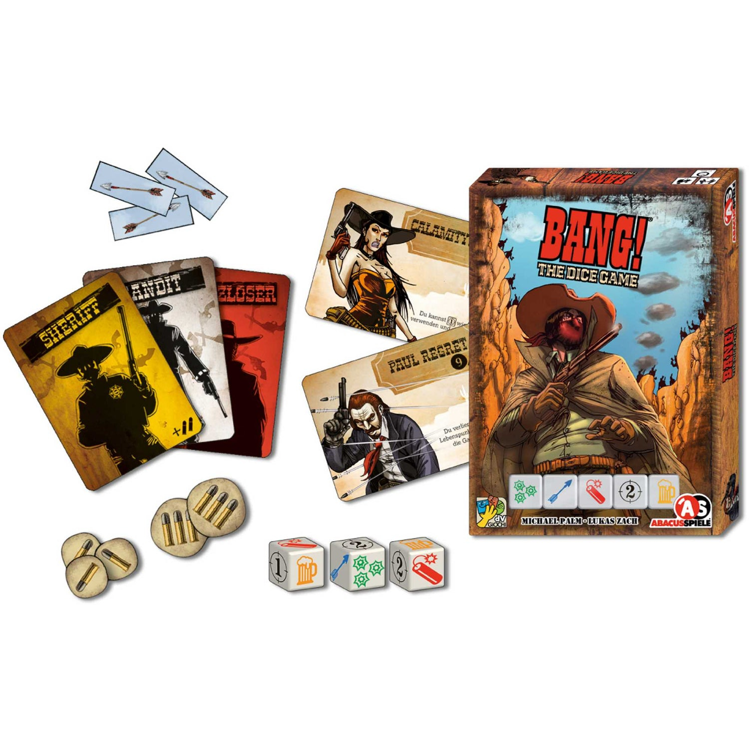 Brettspiel 'Bang!'. Karten, Würfel, Spielsteine und eine Schachtel mit einer Cowboy-Illustration liegen auf weißem Grund.