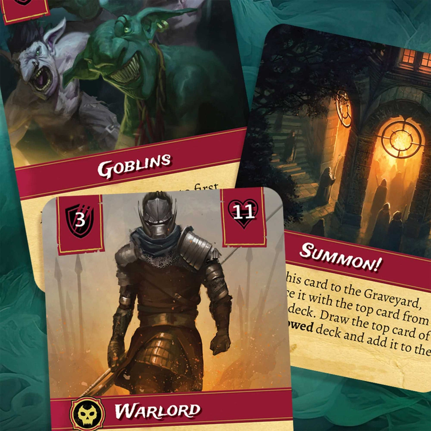 Spielkarten mit Goblins, einem Kriegsherrn und einer Beschwörungsszene. Karten zeigen Illustrationen und Zahlen. Dunkles Fantasy-Thema.