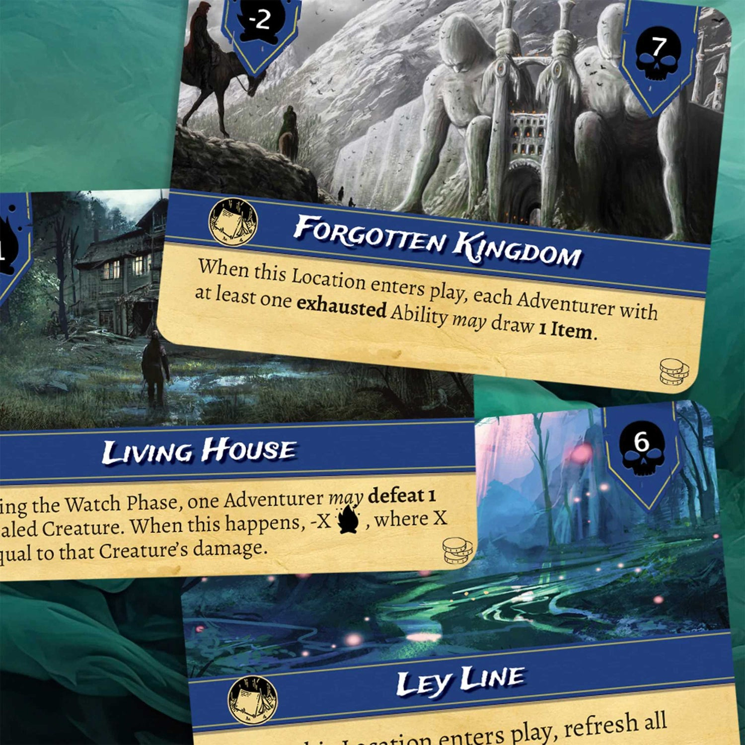 Karten mit Fantasy-Kunst. "Forgotten Kingdom" zeigt Statuen und ein Tor. "Living House" zeigt ein Haus. "Ley Line" hat einen Pfad in einem Wald.