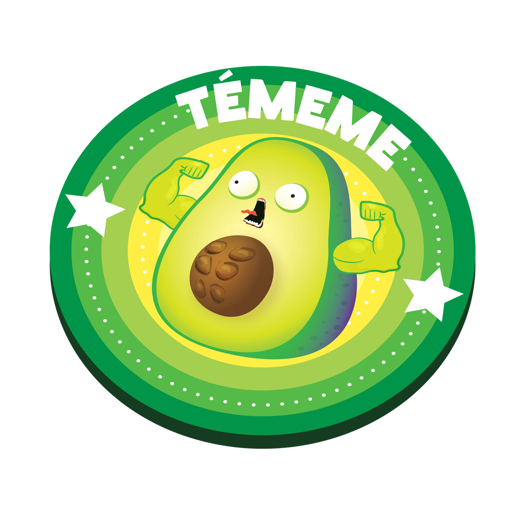 Cartoon-Avocado, die Arme beugt, mit offenem Mund, in einem grünen Kreis mit dem Text 'TÉMEME' und Sternen.