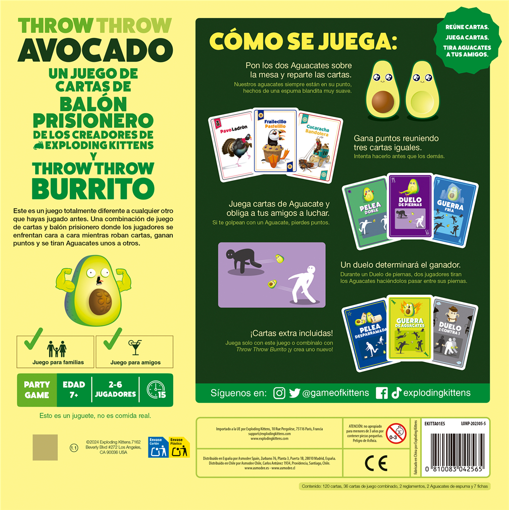 Kartenspiel-Box-Art. Titel: Throw Throw Avocado. Enthält Karten, Avocados und Spielanweisungen.