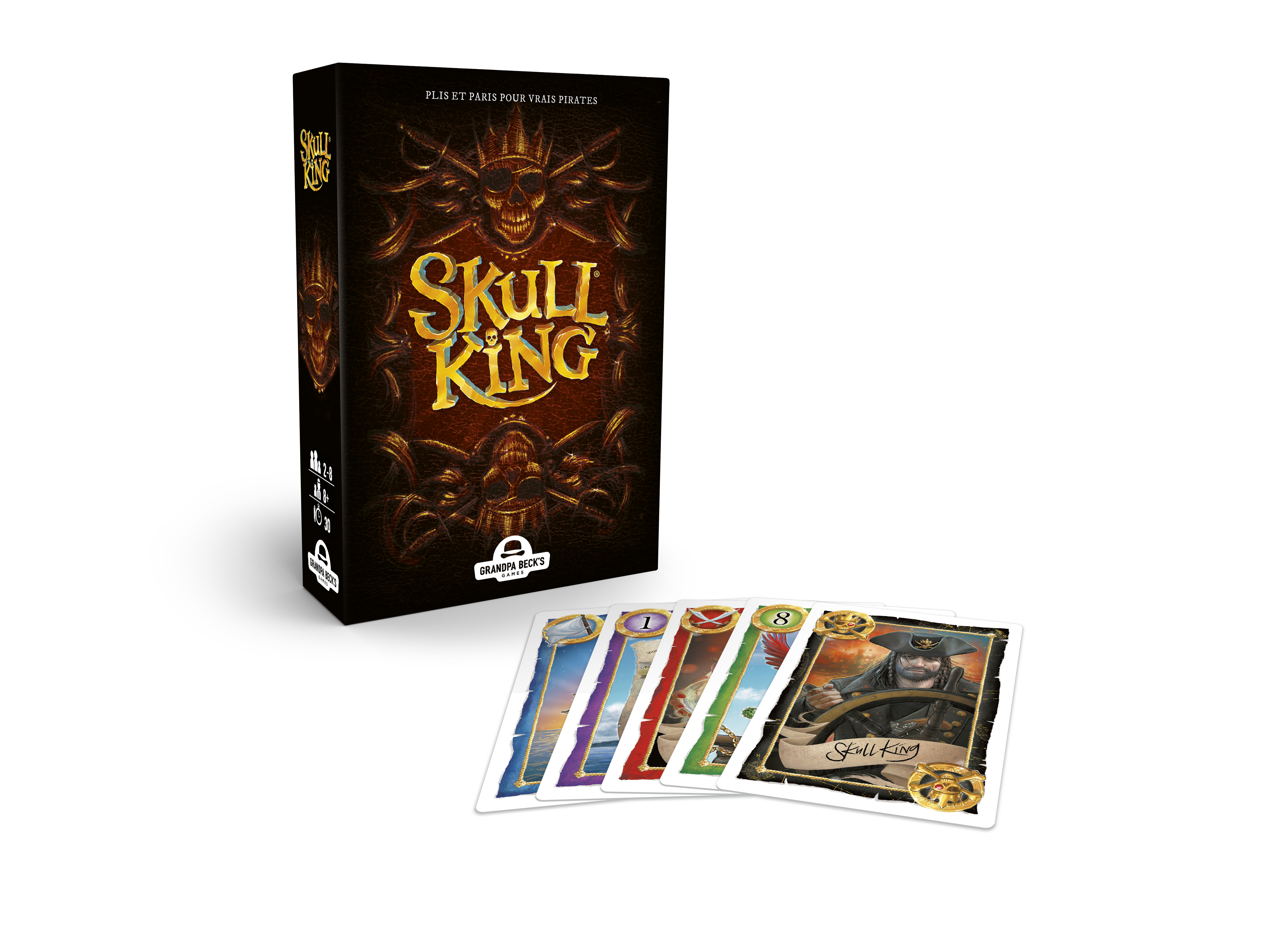 Eine Skull King-Spielbox und Karten werden angezeigt. Die Box hat ein Totenkopf-Design. Karten zeigen Zahlen und einen Piraten.