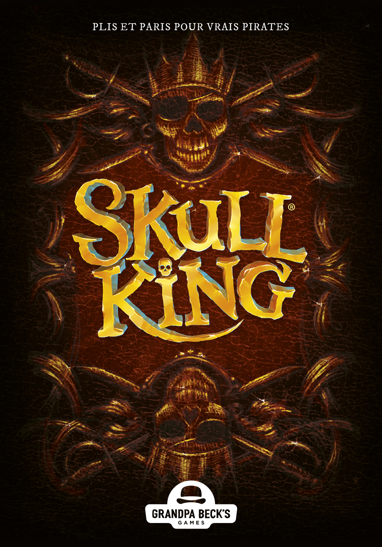Cover für das Brettspiel Skull King. Zeigt einen Schädel mit Krone, goldenem Text und einem dunklen, strukturierten Hintergrund.