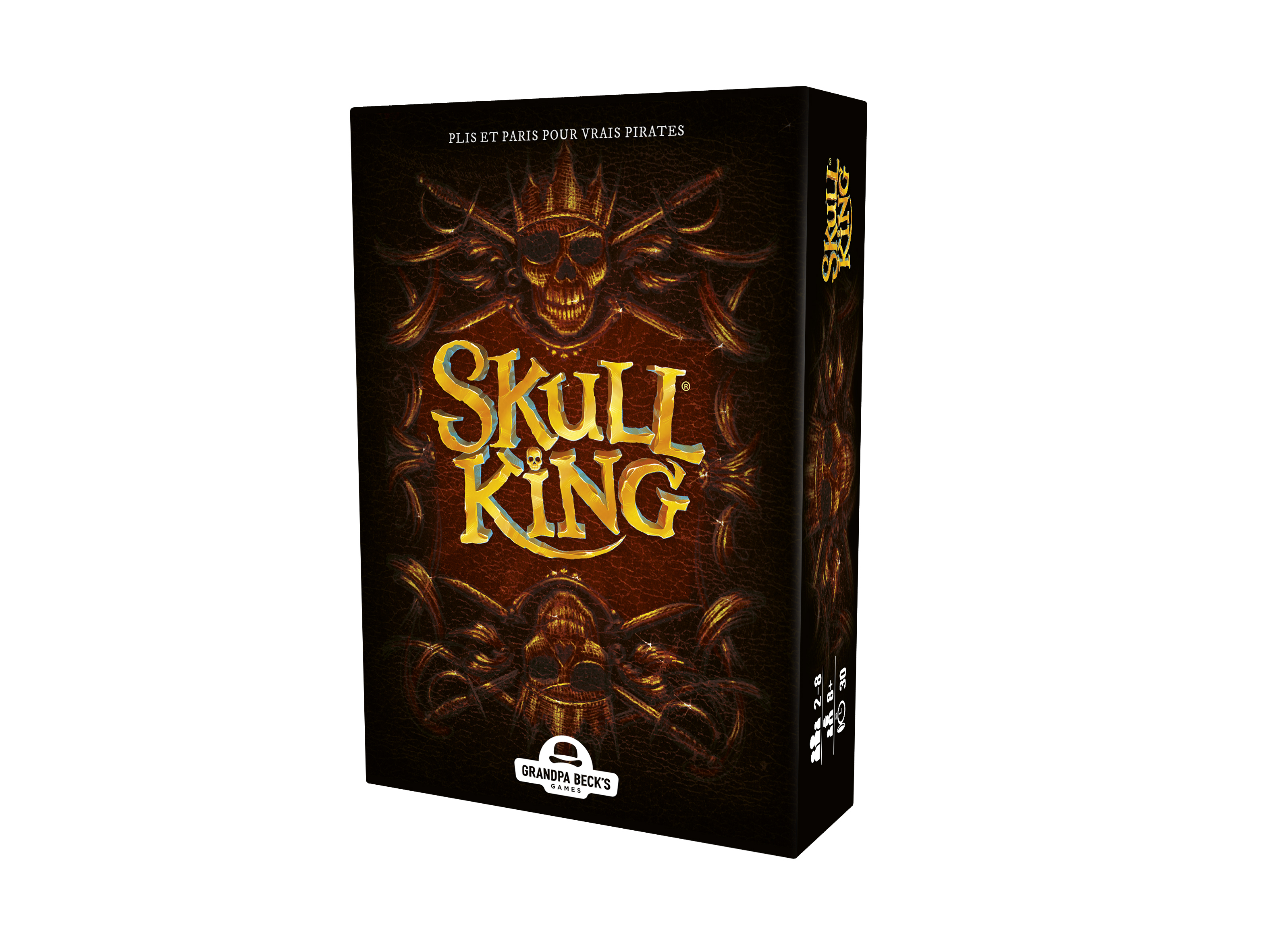 Eine Skull King-Brettspielbox. Sie hat eine Totenkopf-Illustration mit dem Titel in goldenen Buchstaben auf braunem Grund.