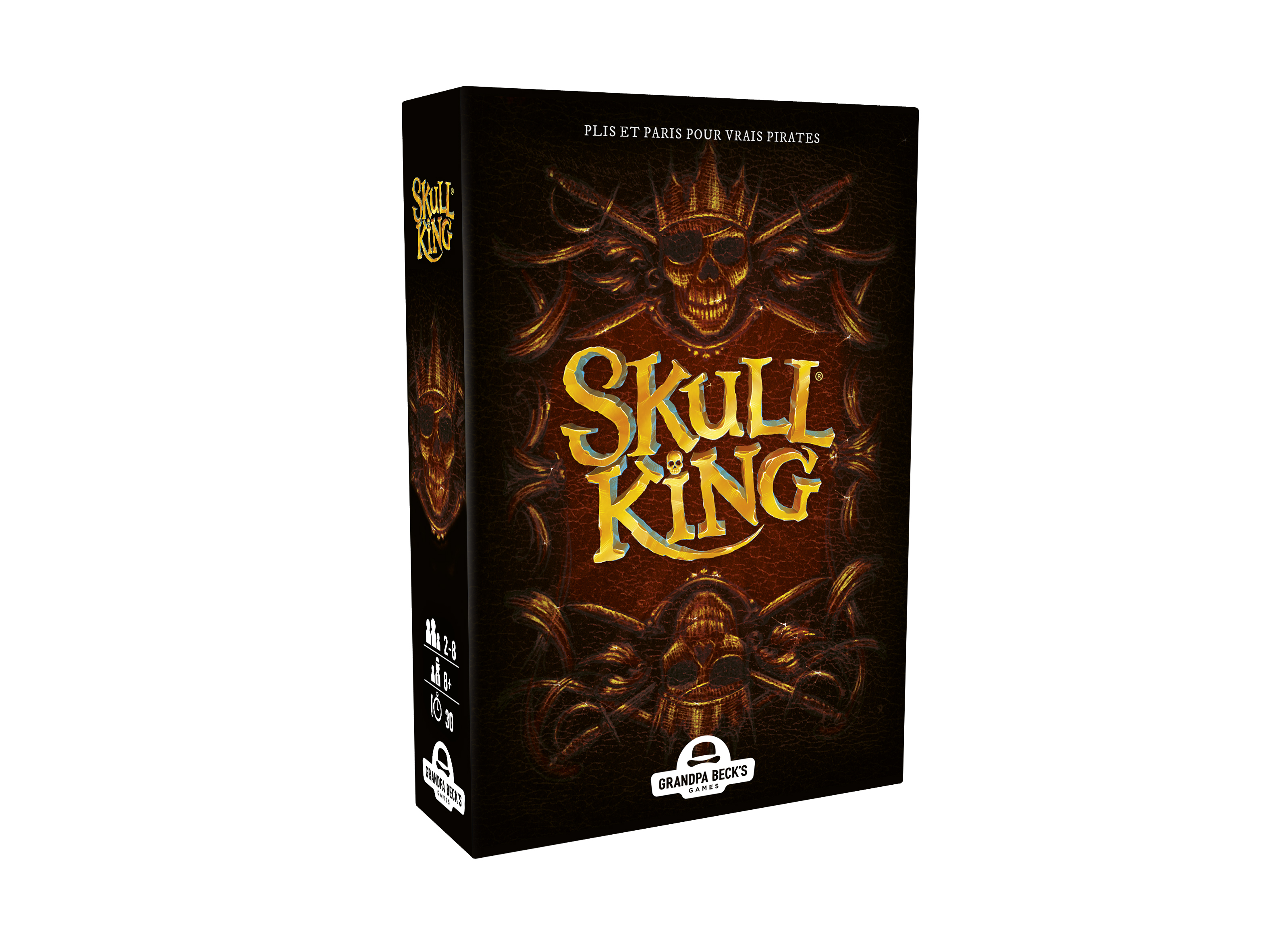 Die Spielbox 'Skull King' zeigt ein Totenkopfdesign und goldene Schrift auf dunklem Hintergrund.