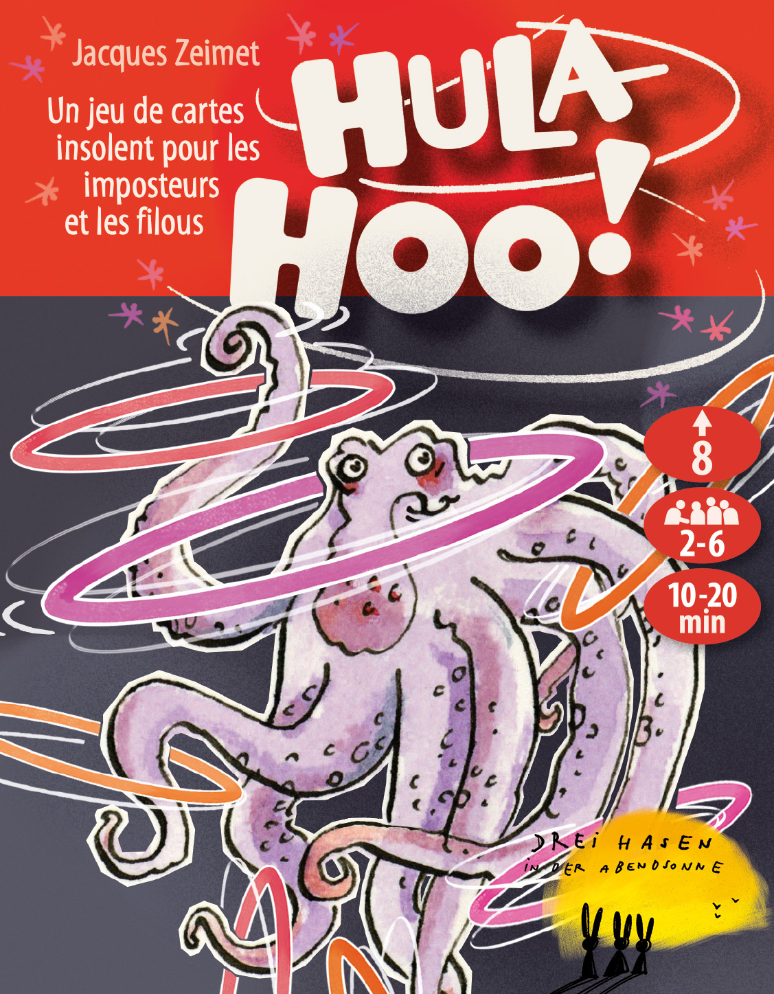 Spieledesign mit lila Oktopus und dem Schriftzug 'Hula Hoo!'. Enthält Informationen zu Alter und Spieleranzahl. Hintergrund rot und dunkelblau.