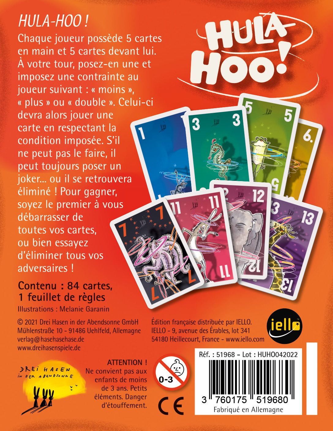 Kartenspiel-Box. Titel 'Hula Hoo', Karten mit Tierillustrationen und Text auf Französisch. Enthält Spieldetails und Warnungen.