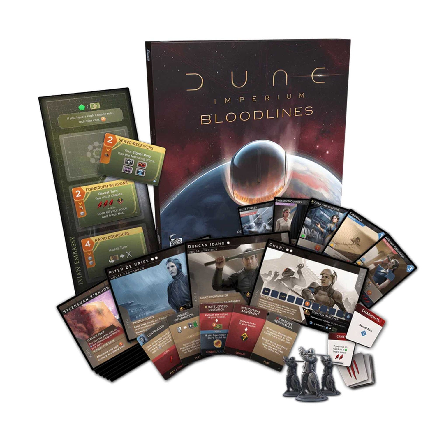 Dune: Imperium Bloodlines Brettspiel. Karten, Spielbrett, Figuren, Schachtel mit Planetenbild. Karten mit Text.